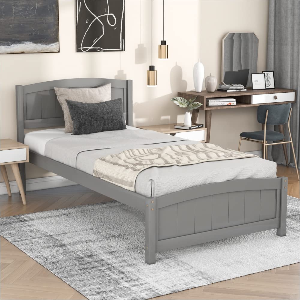 HuaZo Wood Platform Bed Frame with Headboard & Footboard - Gray Solid Wood Slat Support - Perfect for Modern Bedroom, Guest Room, and Master Suite