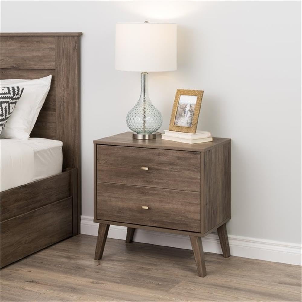 Allora Mid Century Modern 2 Drawer Wooden Nightstand - Drifted Gray Finish Bedside Table for Bedroom, Living Room & Office Storage | Compact Night Stand with Drawers for Home Decor