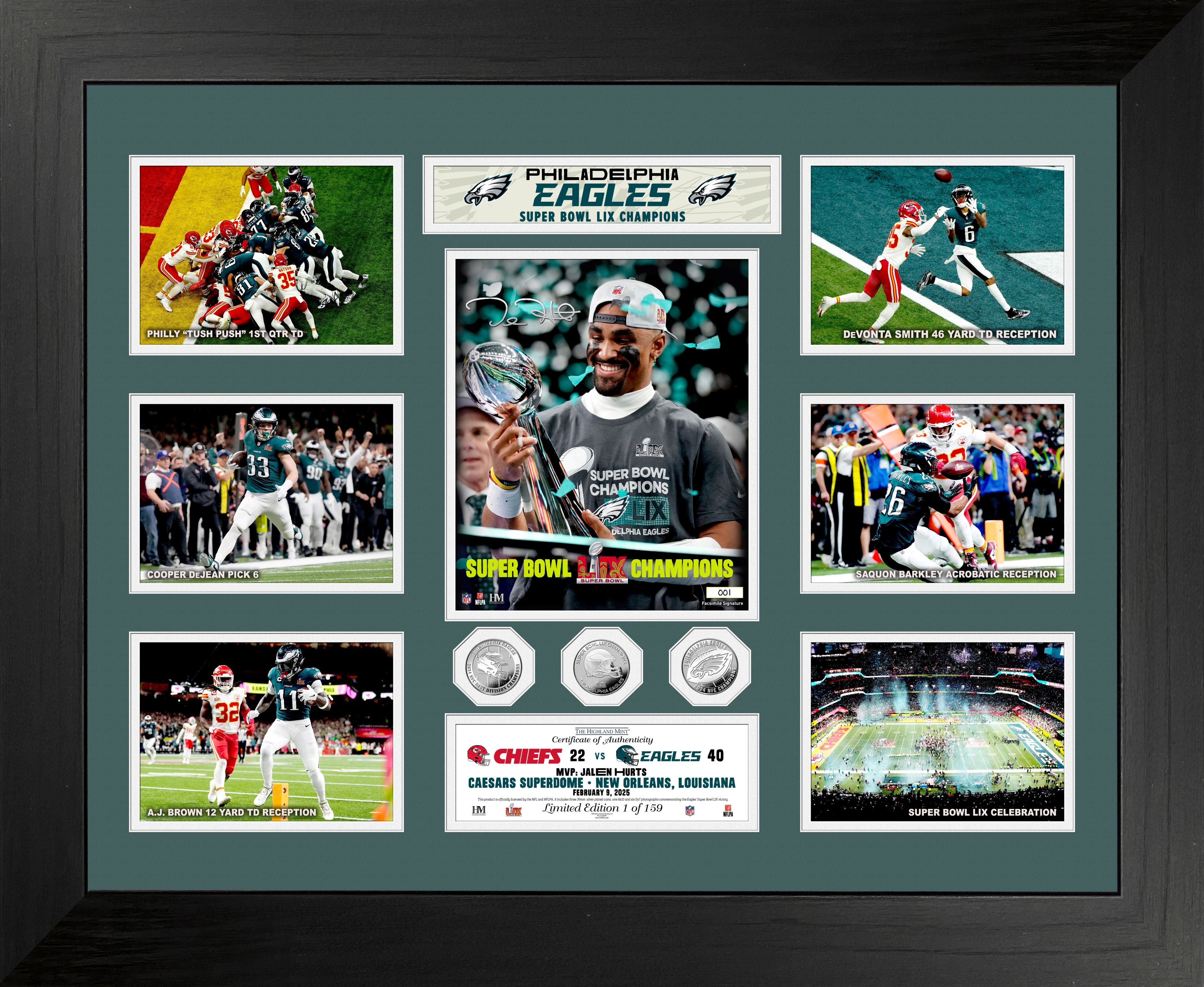 Philadelphia Eagles Super Bowl LIX Champions Commemorative 3-Coin Silver Set with Mega Photo Display - Perfect for NFL Collectors, Eagles Fans, and Sports Memorabilia Enthusiasts