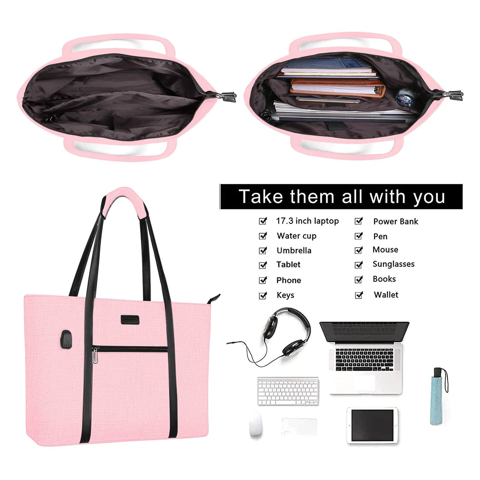 MOSISO 17-17.3 Inch Laptop Tote Bag for Women - USB Charging Port, Compatible with MacBook & Chromebook, Work Travel Business Computer Bag with Small Purse (Pink) - Perfect for Office, Commuting & Business Trips