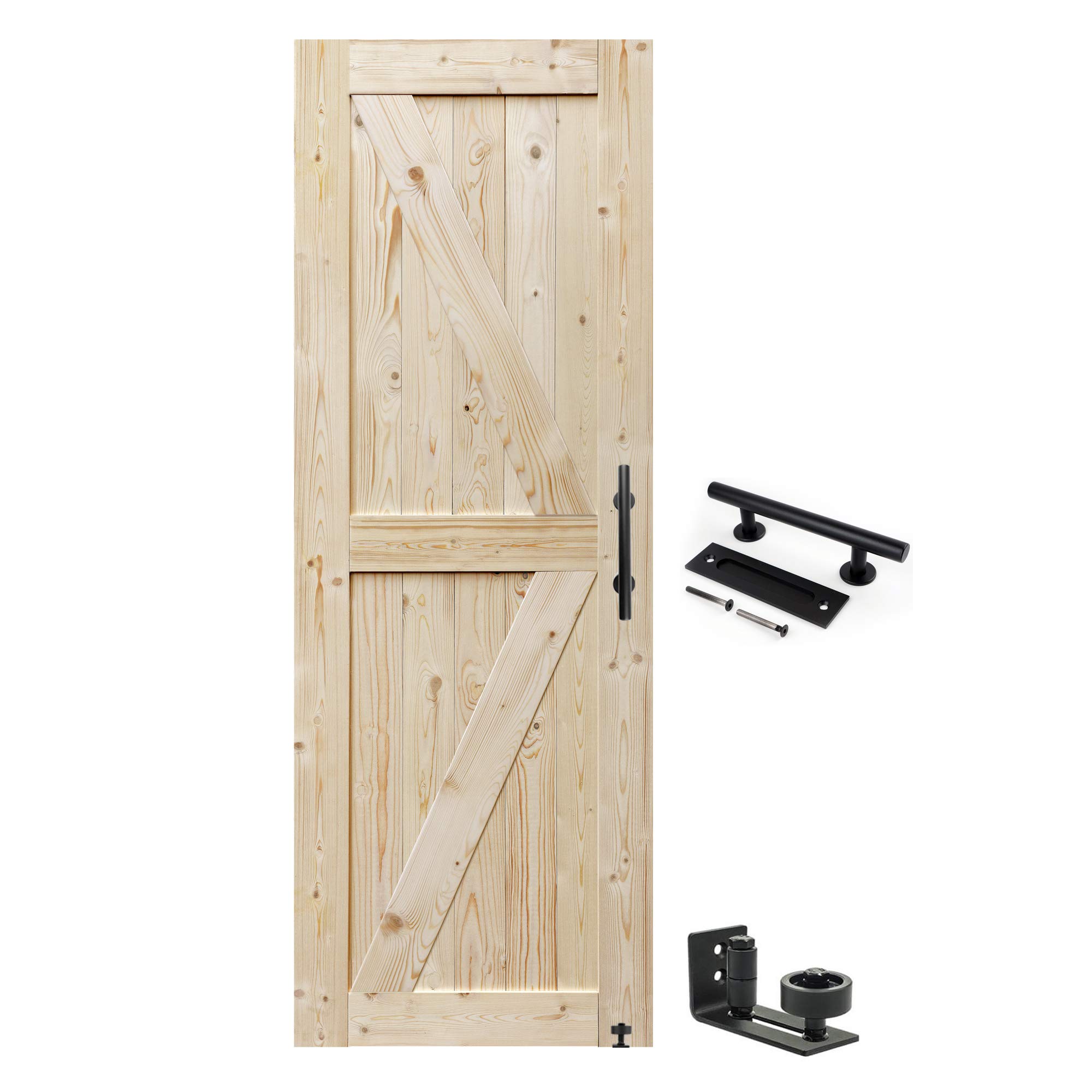 S&Z TOPHAND 28x84 Inch Modern Solid Wood Barn Door with Handle Set & Floor Guide - Unfinished British Brace Design (20/24/28/30/32/36/38/40/42/46 Inch Options) - Easy Assembly for Bedroom, Closet, or Home Office Sliding Door Installation