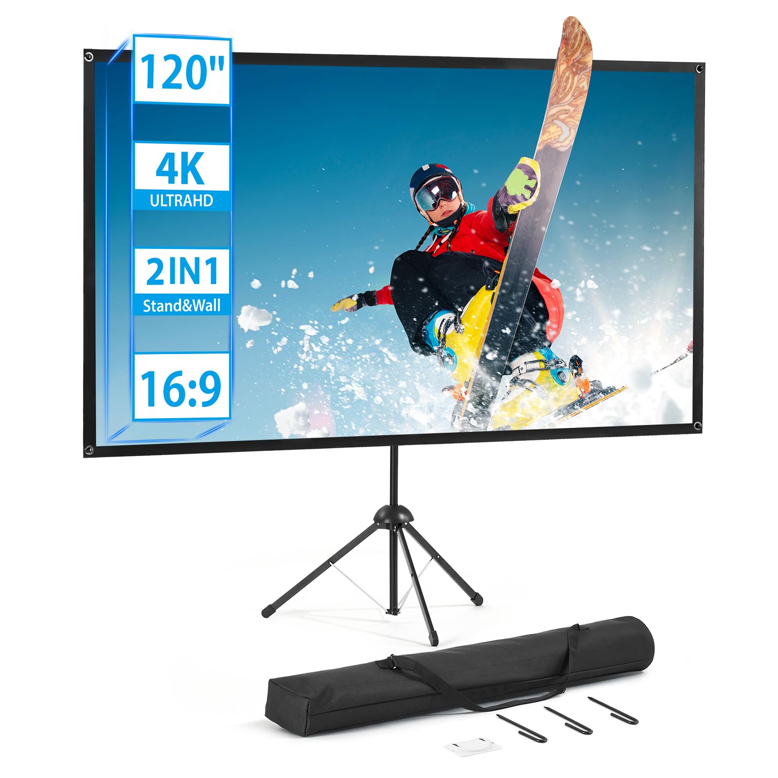 120 Inch Portable Projector Screen with Stand - 16:9 HD Outdoor Movie Screen, 1.2 Gain & 160° Viewing Angle - Quick Setup for Home Theater, Backyard Parties, Camping & Outdoor Movie Nights