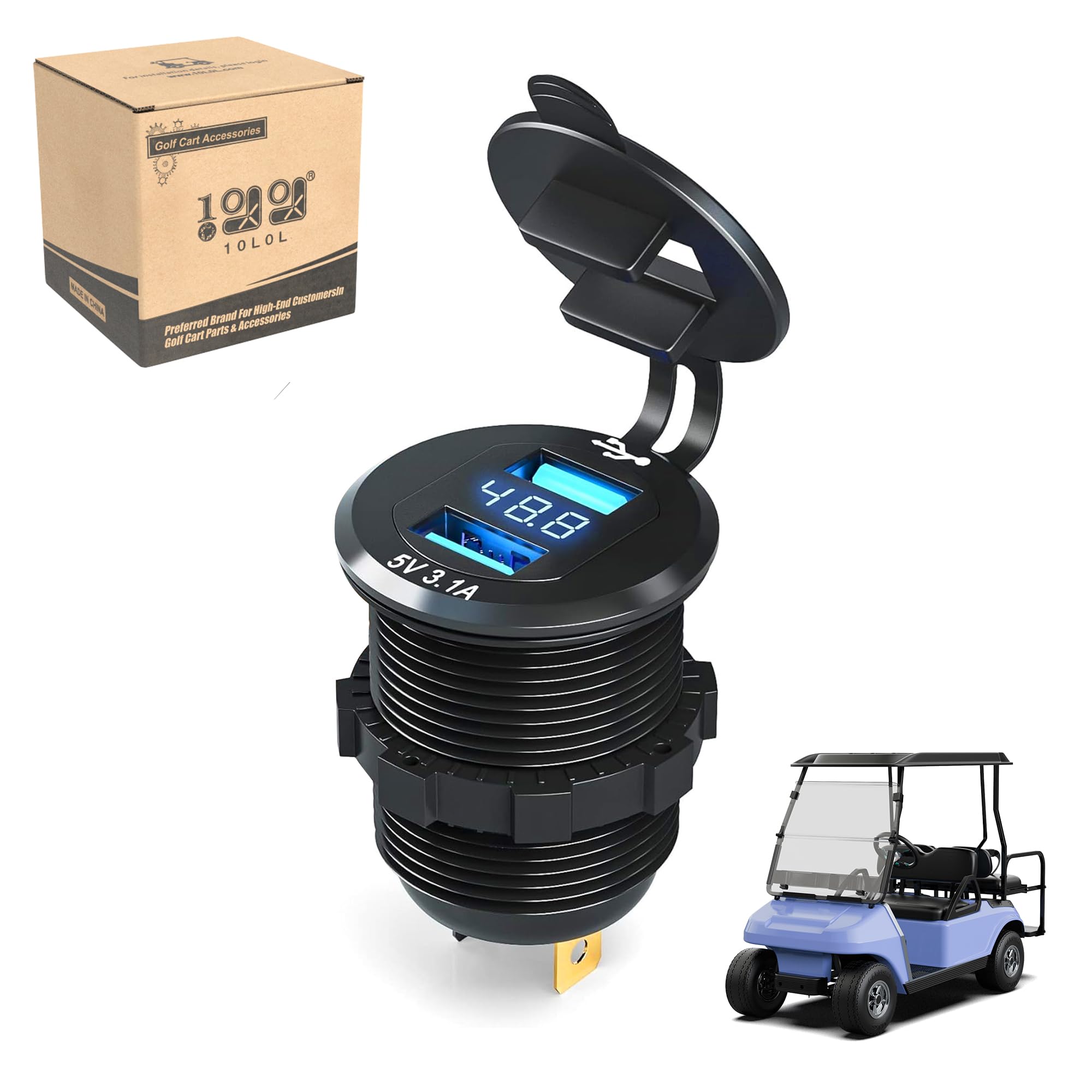 10L0L Golf Cart Charger with Dual USB Ports - 5A Fast Charging for Club Car, EZGO & Yamaha - Perfect for On-Course Power Needs