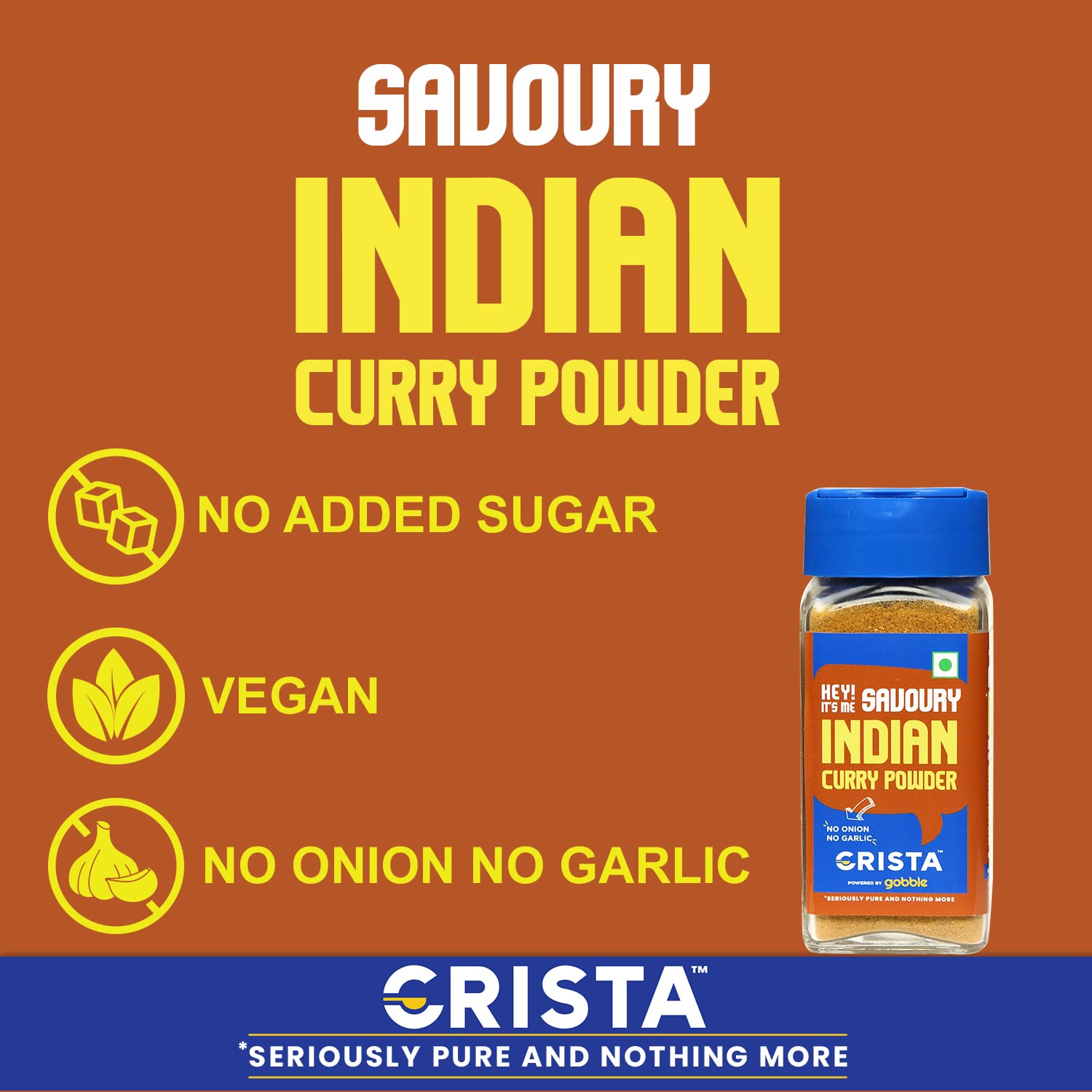 CRISTA 45g Savory Indian Curry Powder - All Natural Spice Blend | No Sugar, Onion, Garlic | Vegan, No Additives | Perfect for Vegan Dishes, Soups & Rice | Authentic Indian Flavor