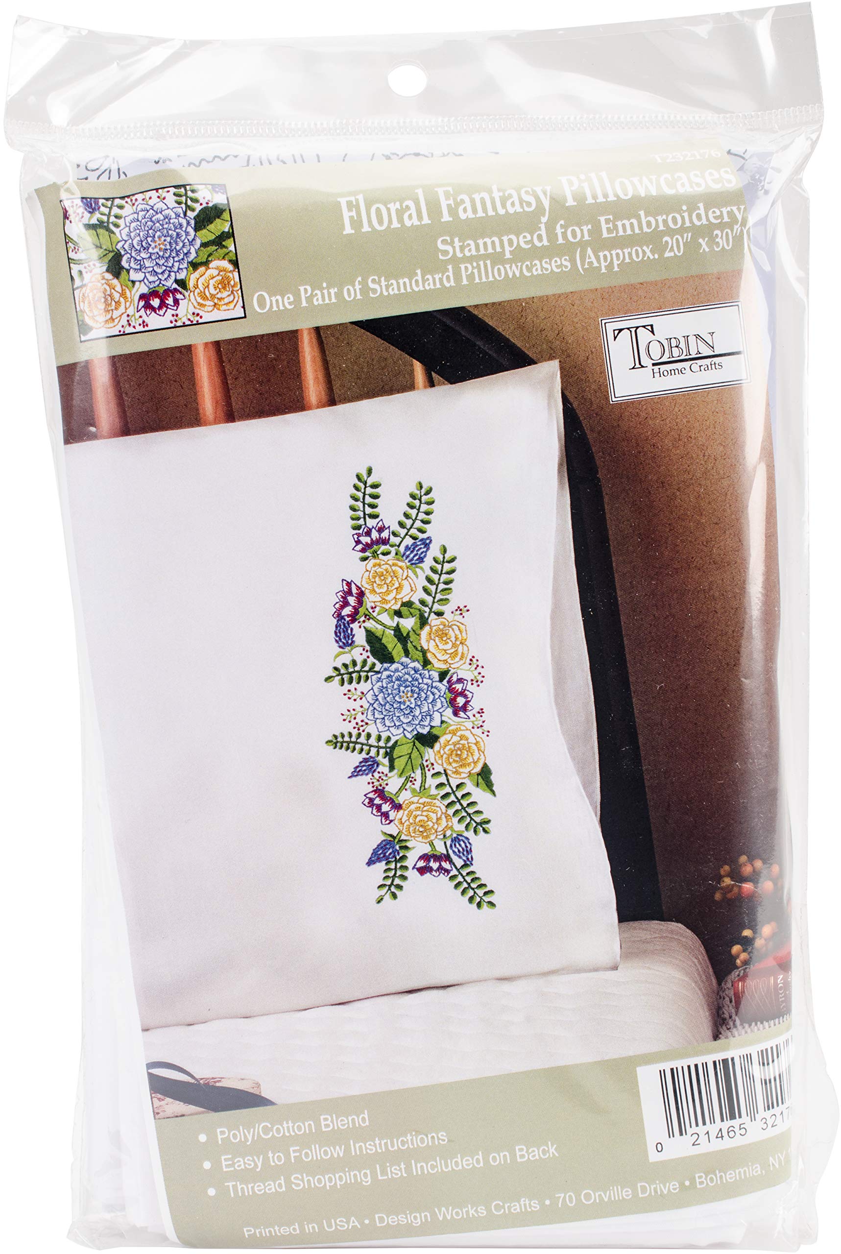 Tobin Stamped Pillowcases - Floral Fantasy Embroidery Kit 20x30 Inches - DIY Floral Design for Home Decor, Bedroom & Gift Ideas