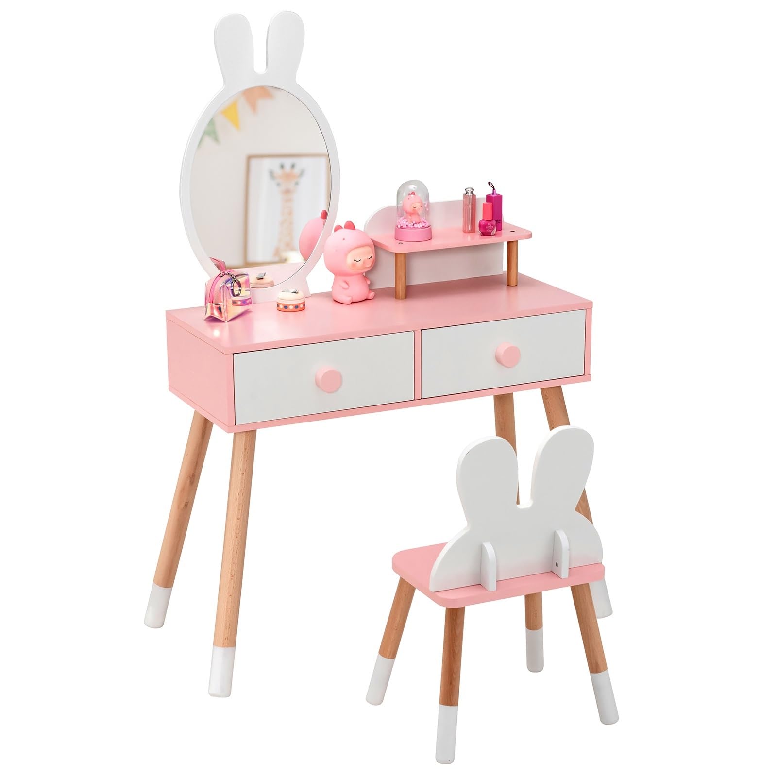 **White Kids Vanity Set with Mirror, Storage Shelf & 2 Large Drawers - Princess Dressing Table & Toddler Makeup Vanity for Girls - Perfect for Playroom, Bedroom & Birthday Gifts**
