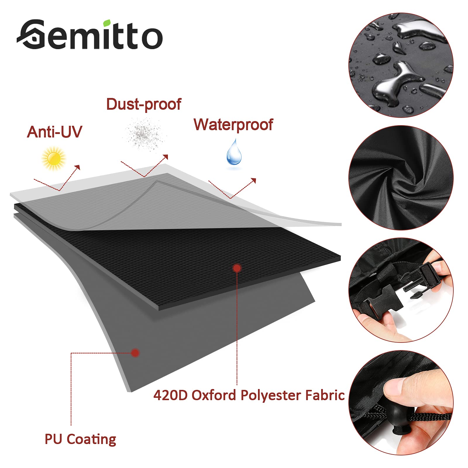GEMITTO Waterproof Pool Table Cover with Handles, Buckles & Drawstring - Fits 7/8/9 FT Indoor/Outdoor Billiard & Snooker Tables (102x53x32 Inches, Black) - Perfect for Home Game Rooms, Bars & Outdoor Pool Table Protection