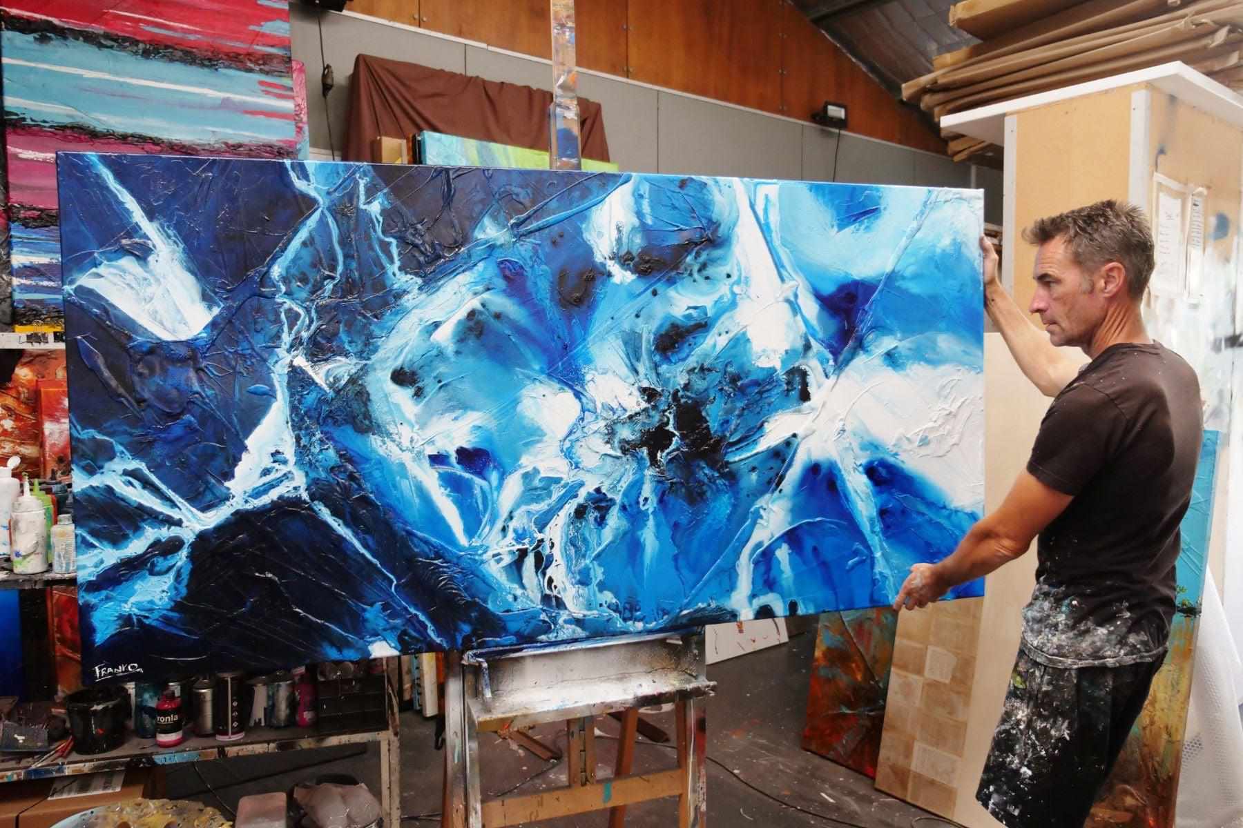 Blue Theory 200cm x 100cm Blue White Textured Abstract Canvas Art - Perfect for Modern Living Room & Office Wall Decor