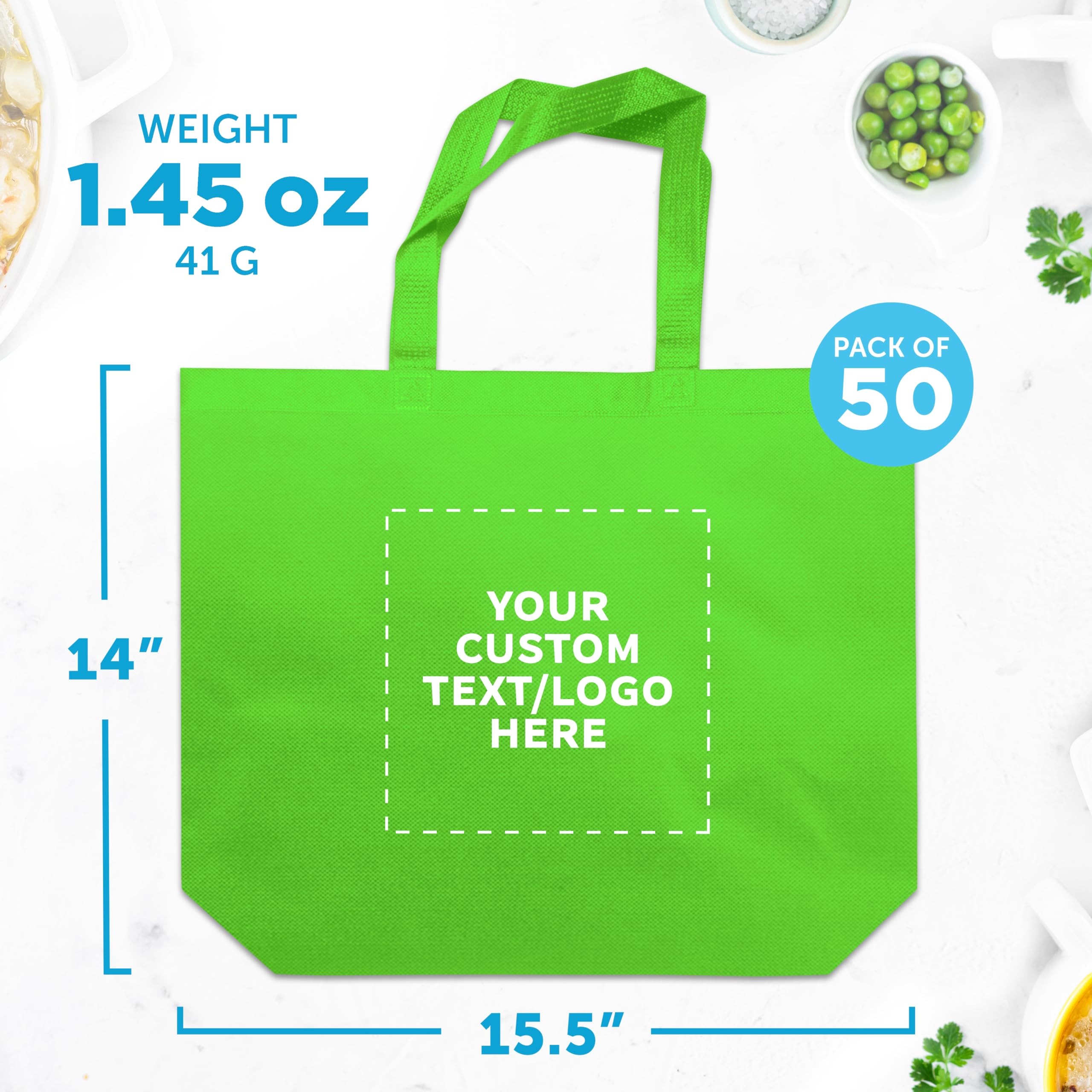 Custom Jumbo Reusable Tote Bags - Bulk Pack of 50 Personalized Grocery & Shopping Bags for Women in Lime Green | Promotional Items, Eco-Friendly Gift & Retail Use