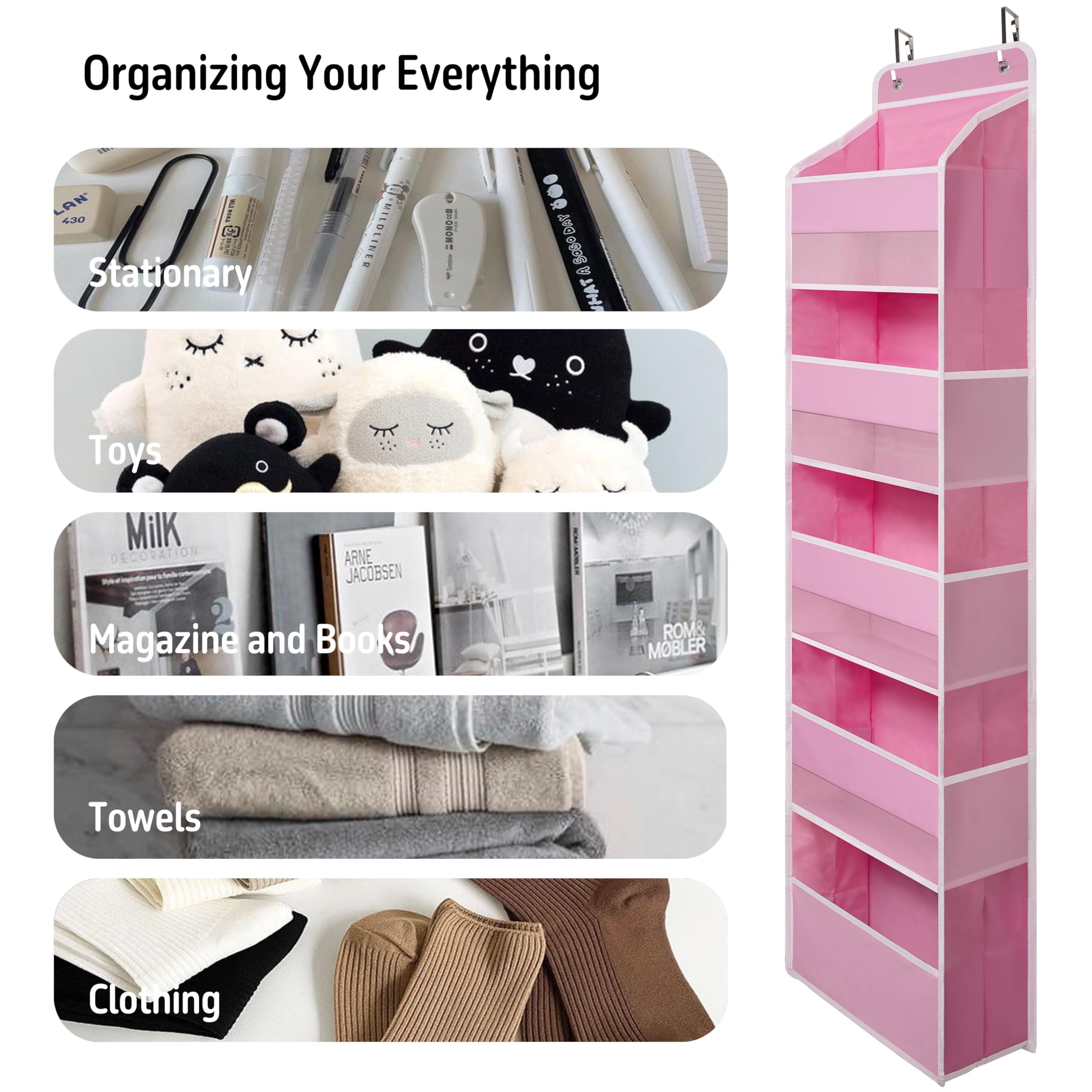 Over Door Organizer with 5 Large Pockets - Heavy Duty Hanging Storage for Closet, Bathroom, Nursery & Dorm - Perfect for Toys, Cosmetics, Sundries & Baby Essentials (Pink) - Space Saving Solution for Small Rooms & Apartments