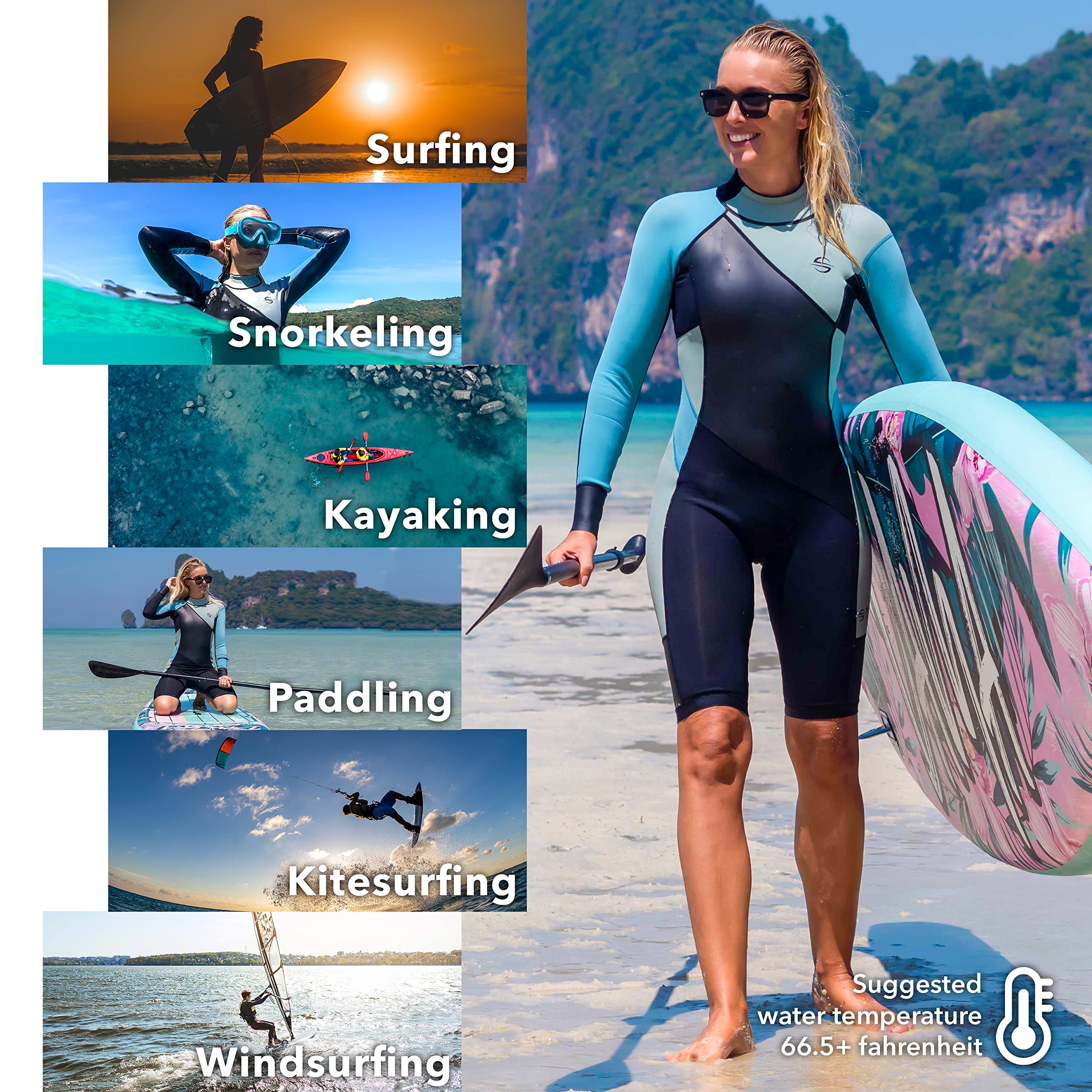 Women's 2.0mm Neoprene Shorty Wetsuit - Long Sleeve Half Leg Cold Water Springsuit for Scuba Diving, Surfing, Kayaking, Snorkeling & Swimming | Perfect for Beach Activities, Water Sports & Outdoor Adventures