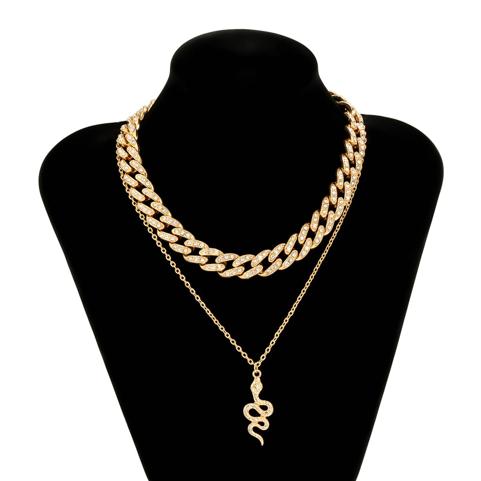 CZ Snake Pendant Layered Choker Necklace for Women | 2-Layer Gold Cuban Chain Necklace Set with Cubic Zirconia | Perfect for Parties, Date Nights & Everyday Wear