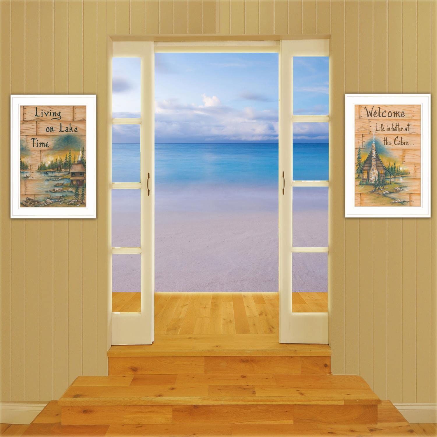 Living on The Lake 2-Piece Vignette Wall Art by Mary June - White Framed Lakehouse Decor for Living Room, Bedroom & Office - Perfect for Coastal, Farmhouse & Rustic Home Interiors