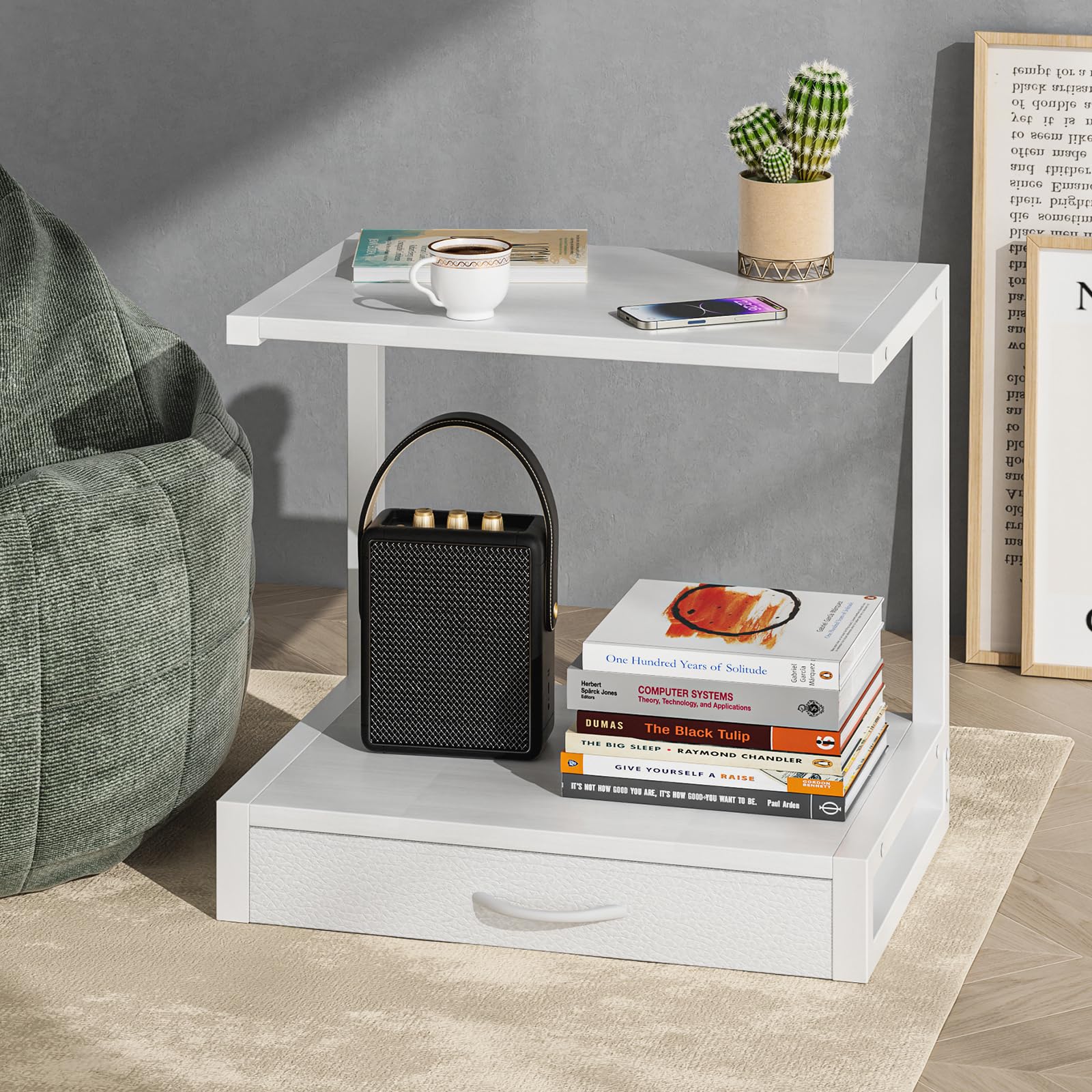 2-Tier Desktop Printer Stand with Fabric Drawer - Home Office Organizer with Storage Shelf for 3D Printer, Fax Machine & Scanner - Space-Saving Desk Accessory (17.3