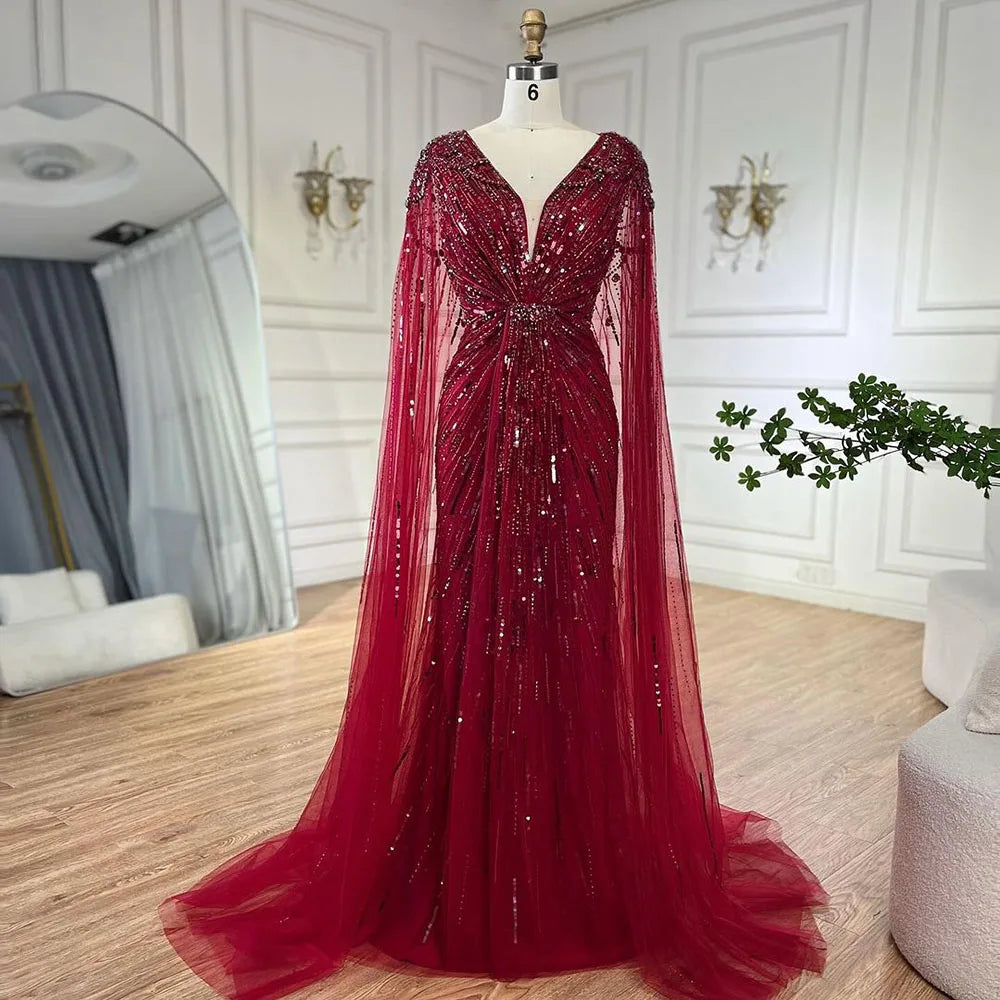 Elegant Turquoise Mermaid Beaded Evening Gown with Detachable Cape - LA72168A | Perfect for Prom, Gala & Formal Events