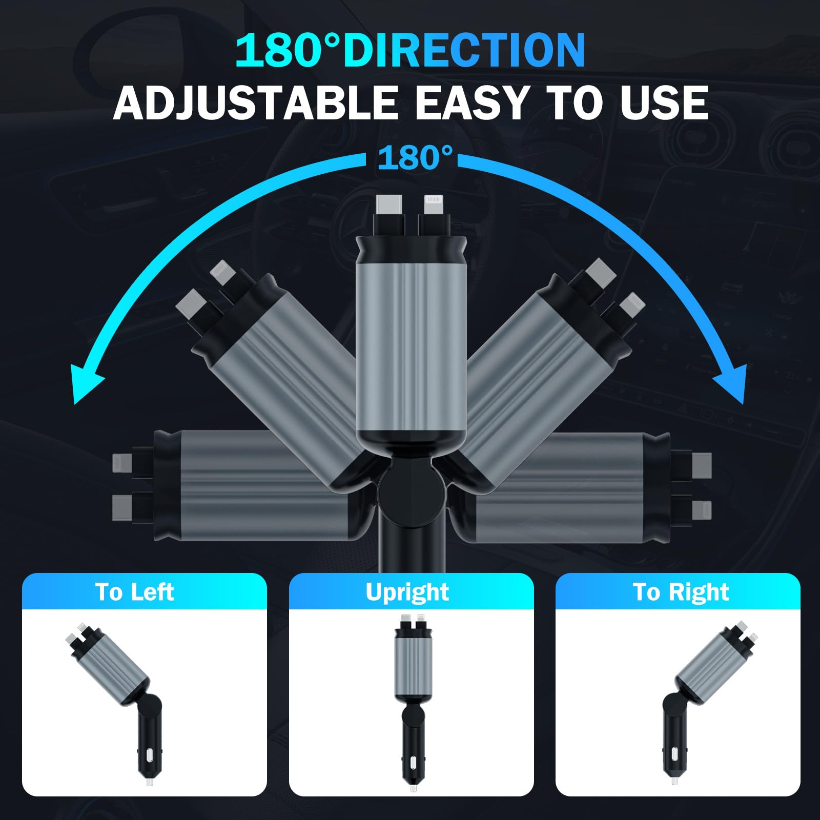 66W USB C Car Charger with Starlight - 4-in-1 Retractable Fast Charging Adapter with 2 USB Ports for iPhone 16/15/14/13/12/11 & Android Phones - Dark Grey - Perfect for Road Trips & Daily Commute