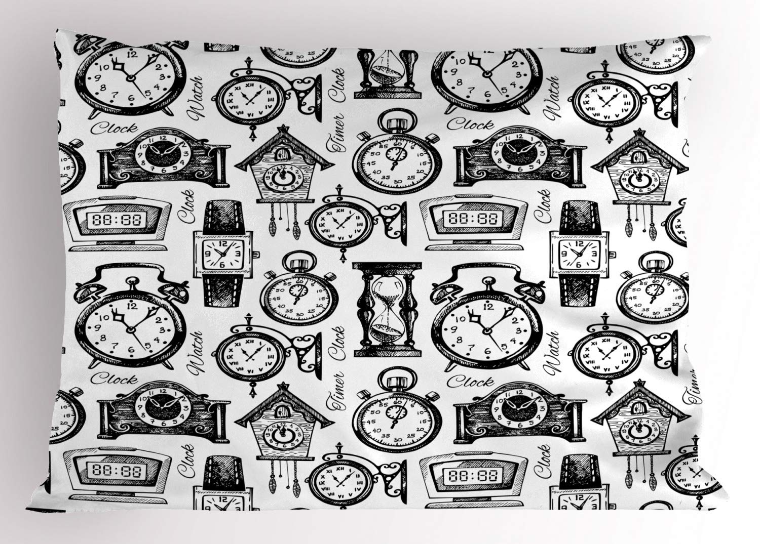 Ambesonne Vintage Clock Pillow Sham - Hand Drawn Watches Illustration, Monochrome Black & White Design - Decorative Standard King Size Printed Pillowcase (36