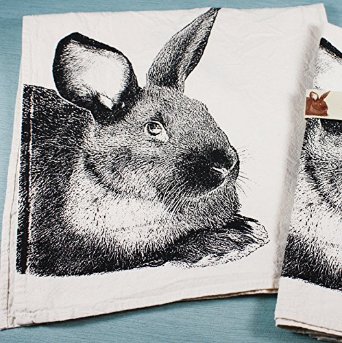 Black Bunny Rabbit Tea Towel - Hand Printed Flour Sack Kitchen Towel for Drying Dishes, Decor & Gift Giving