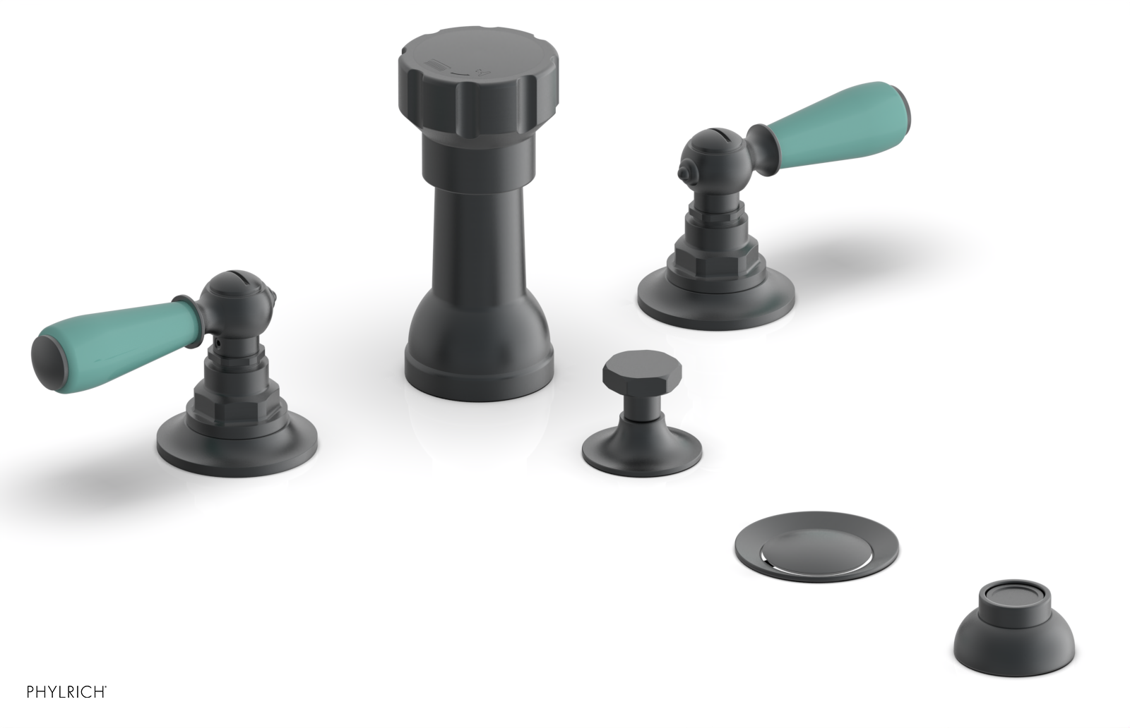 Jamestown Four-Hole Bidet Faucet Set with Lever Handles & Turquoise Accents - 165 61 - Perfect for Modern Bathroom Renovations and Luxury Home Upgrades
