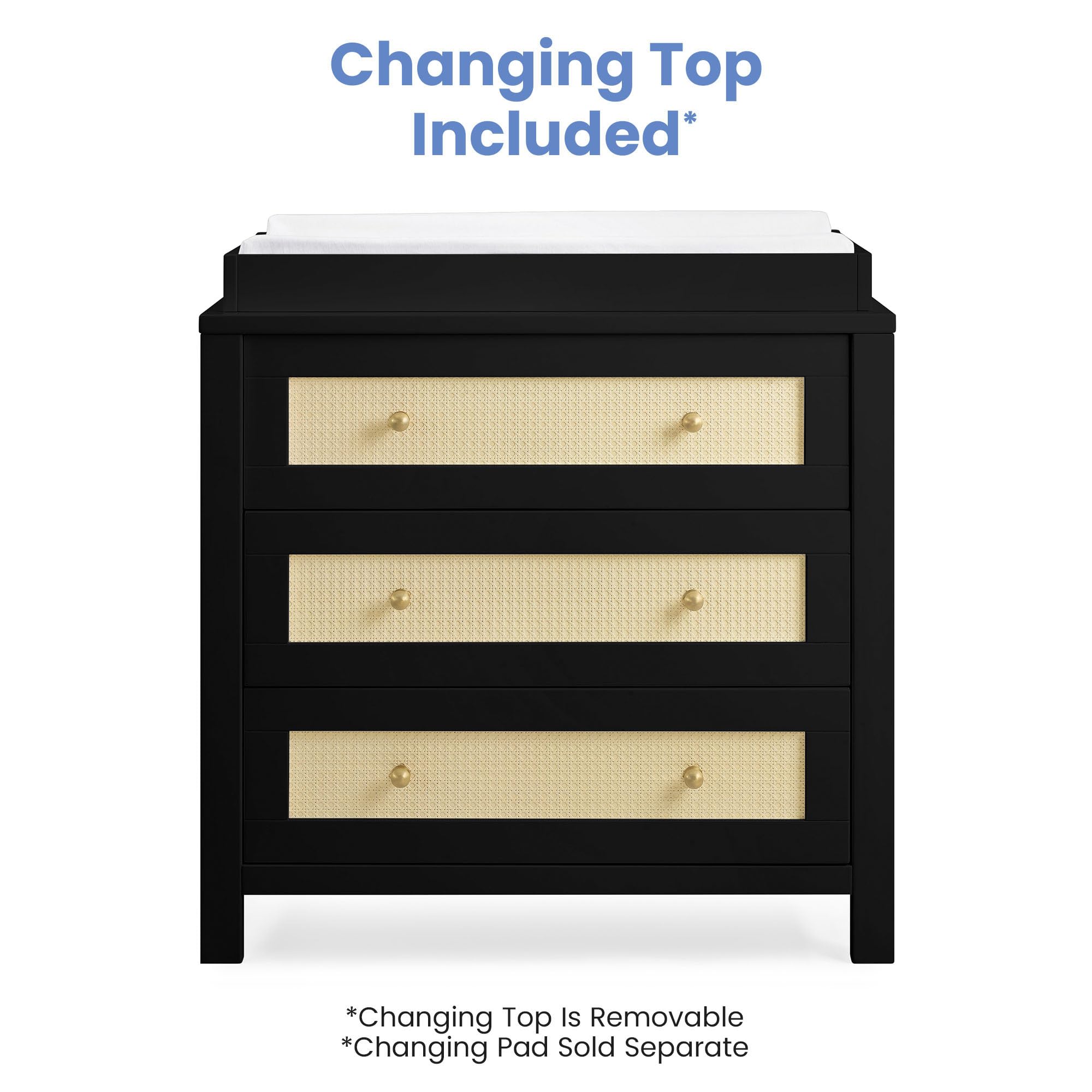 Simmons Kids Theo 3-Drawer Baby Dresser with Changing Table Top | Secure Interlocking Drawers | Black & Textured Almond Finish | Perfect for Nursery Organization & Diaper Changing Station