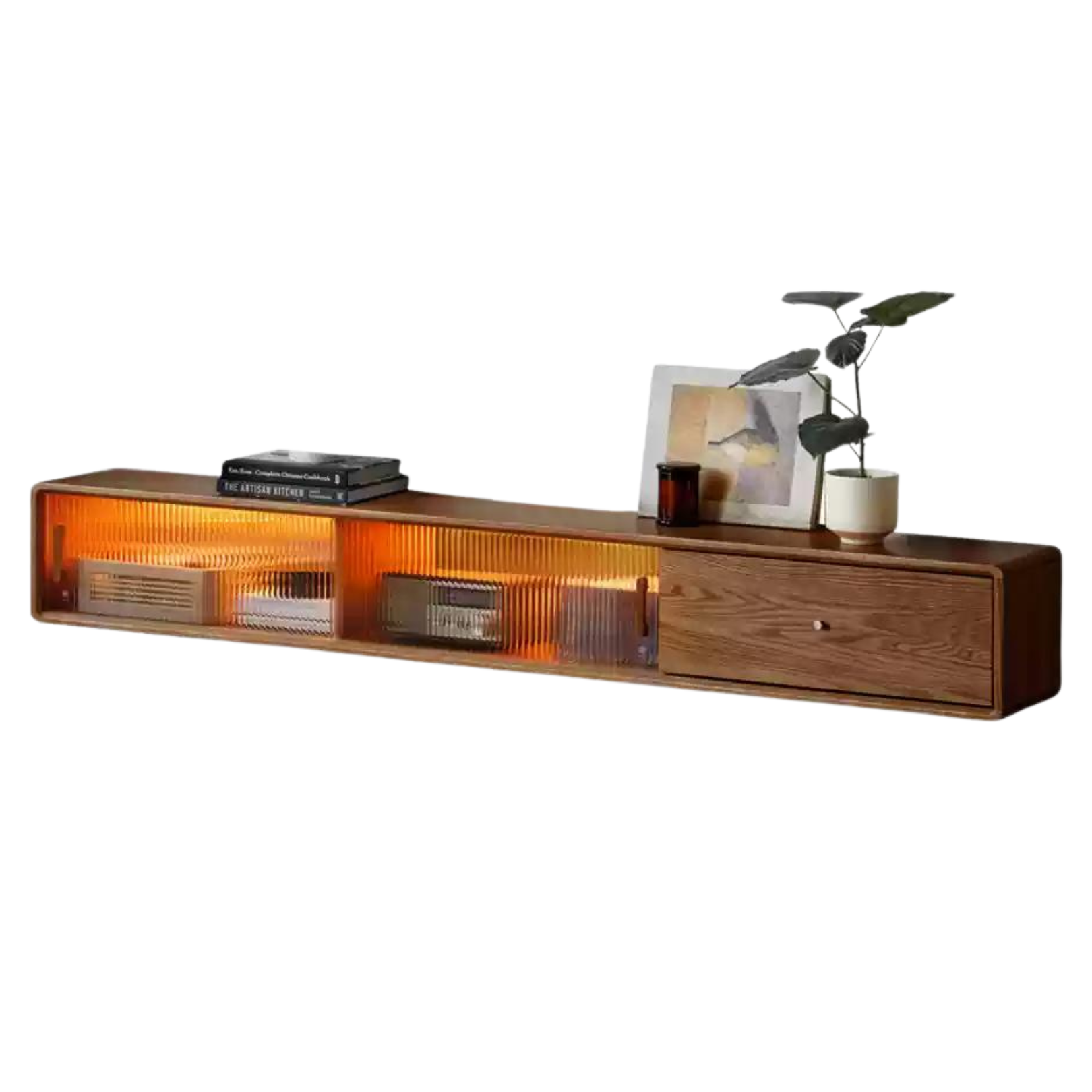 Solid Oak Wood Floating Glass Sliding Door TV Stand - Modern Entertainment Center for Living Room & Home Theater