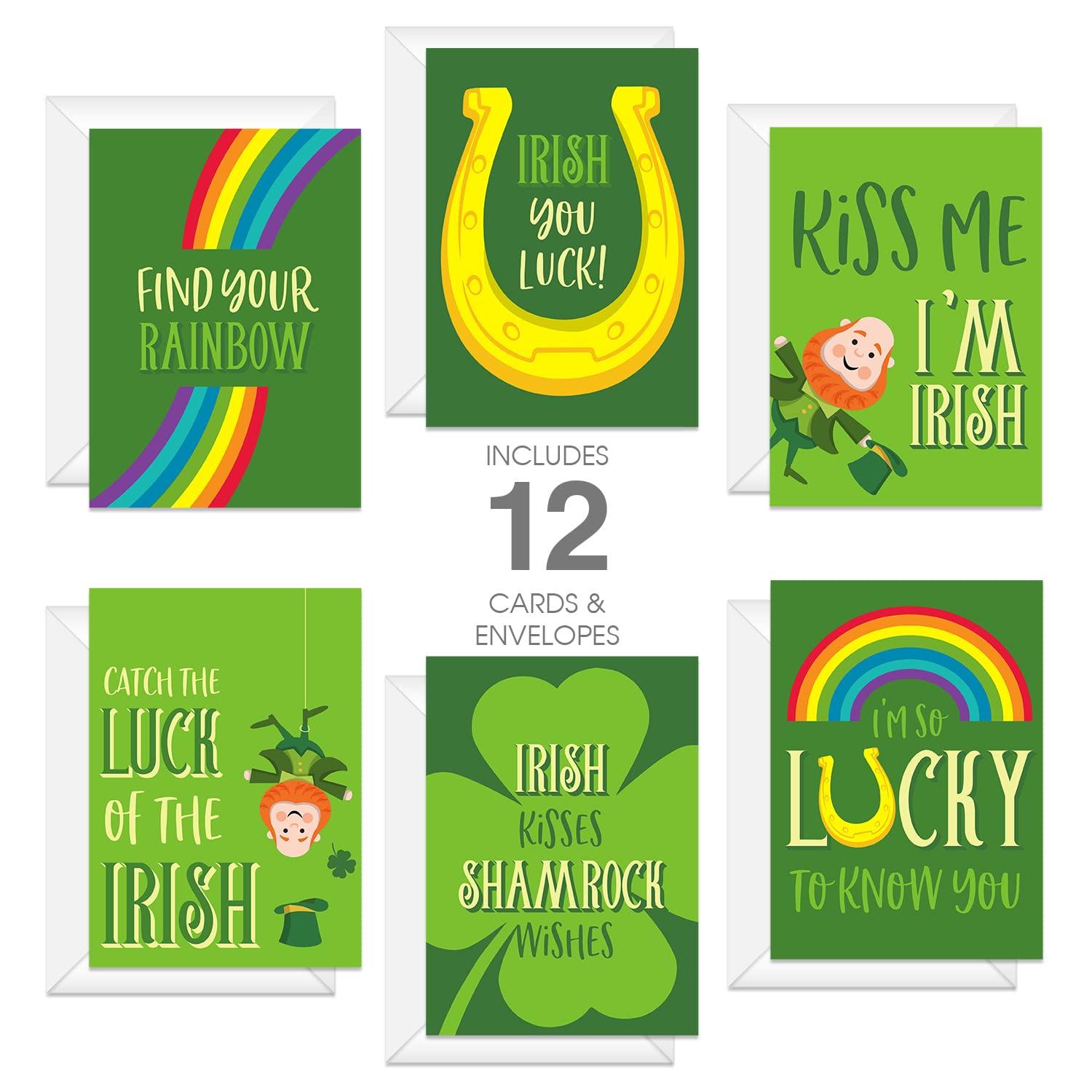 12 Pack St. Patrick's Day Greeting Cards - 5x7 Inch Illustrated Shamrock & Leprechaun Designs with White Envelopes - USA Made for St. Patty's Celebrations, Irish Themed Parties & Lucky Wishes