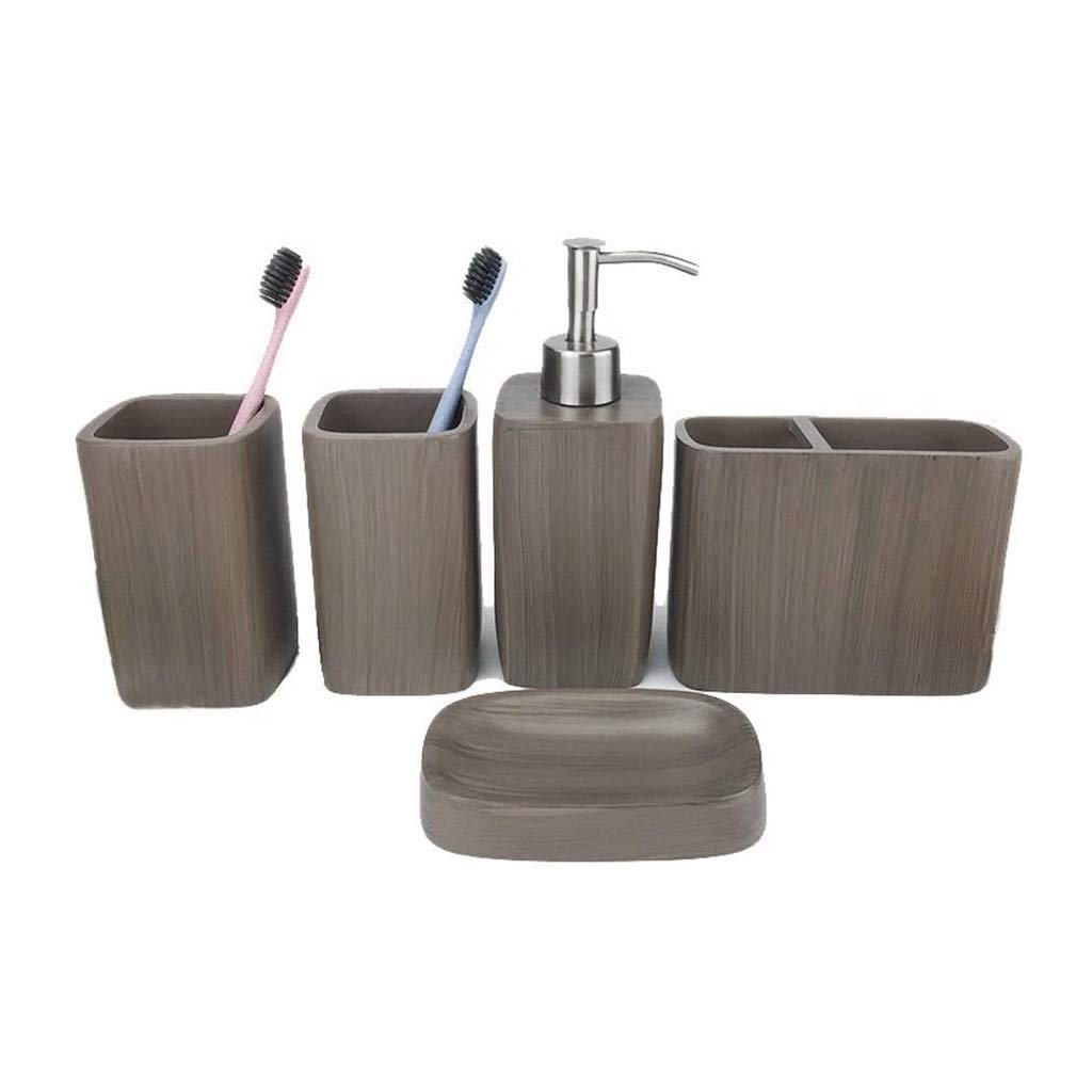 5-Piece Marble Pattern Bathroom Accessories Set - Wood Grain Soap Dispenser Pump, Toothbrush Holder, Tumbler & Soap Dish | Elegant Bath Ensemble for Modern Home Decor