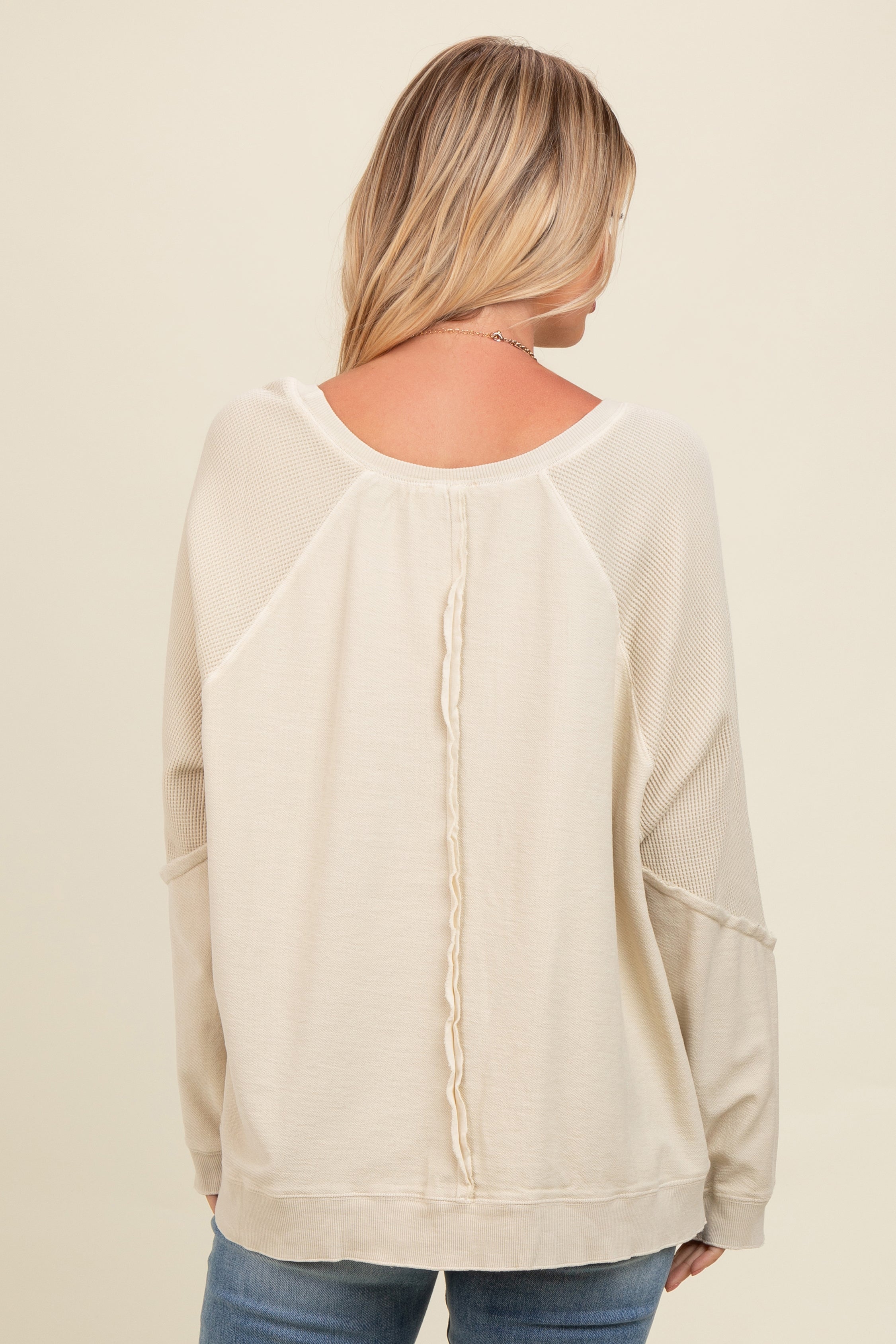 Beige Mixed Knit Raw Hem Pullover Top for Women - Soft Casual Sweater for Fall & Winter | Perfect for Layering, Office Wear & Weekend Outfits