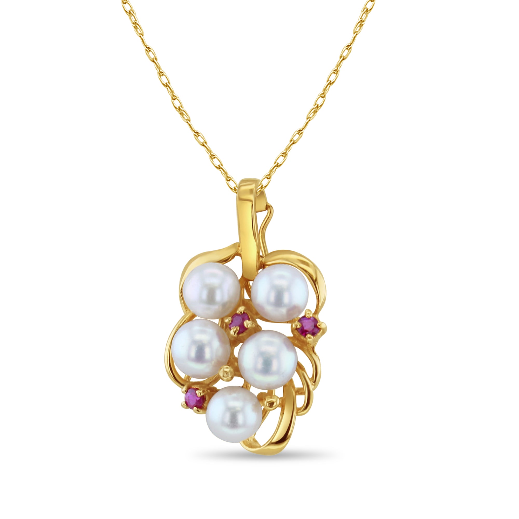 14k Yellow Gold Freshwater Pearl Grape Cluster Necklace with Ruby Accents - Elegant Jewelry for Women, Perfect for Weddings, Parties & Special Occasions