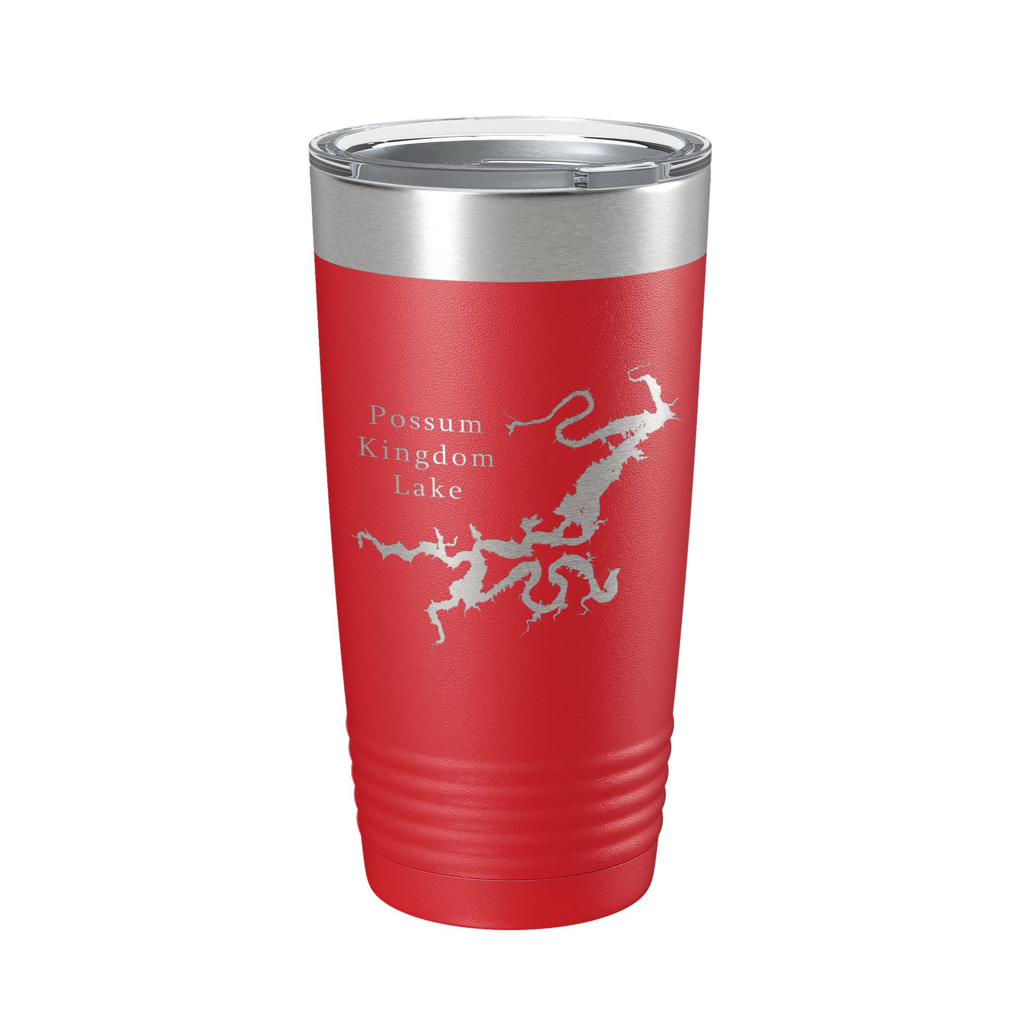 20oz Insulated Travel Mug with Laser Engraved Possum Kingdom Lake Texas Map - Red Double Wall Stainless Steel Coffee Cup for Camping, Hiking & Road Trips