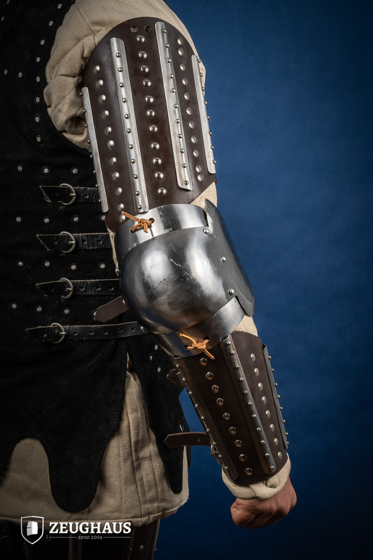 Medieval Splinted Arm Armor - Brown Leather Bracer for LARP, Cosplay & Renaissance Faires - Authentic Knight Armor Replica