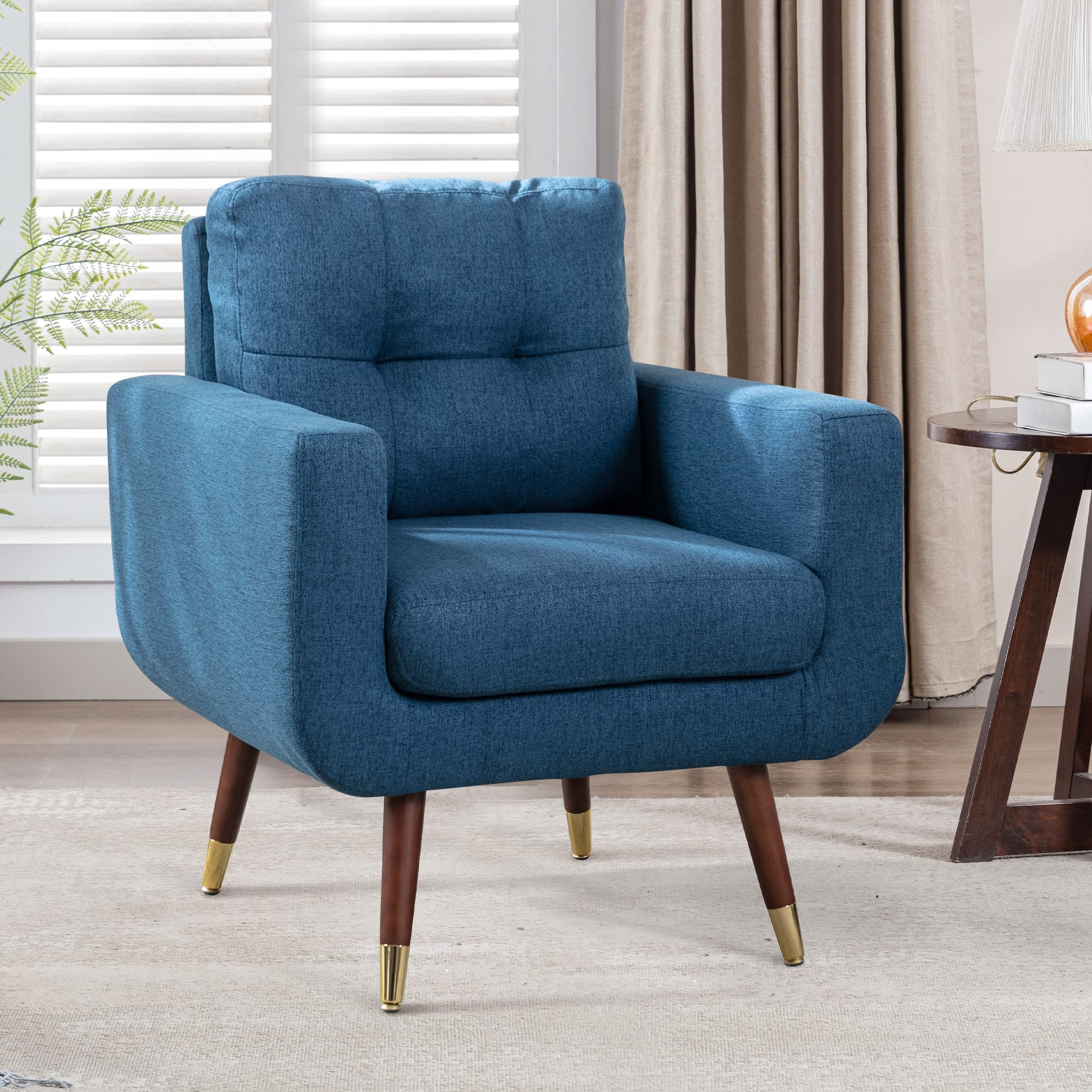 EBELLO Mid Century Modern Accent Chair - Tufted Blue Reading Armchair with Golden Metal Legs for Living Room, Bedroom, Office - Comfortable Lounge Chair for Relaxing, Reading & Home Decor
