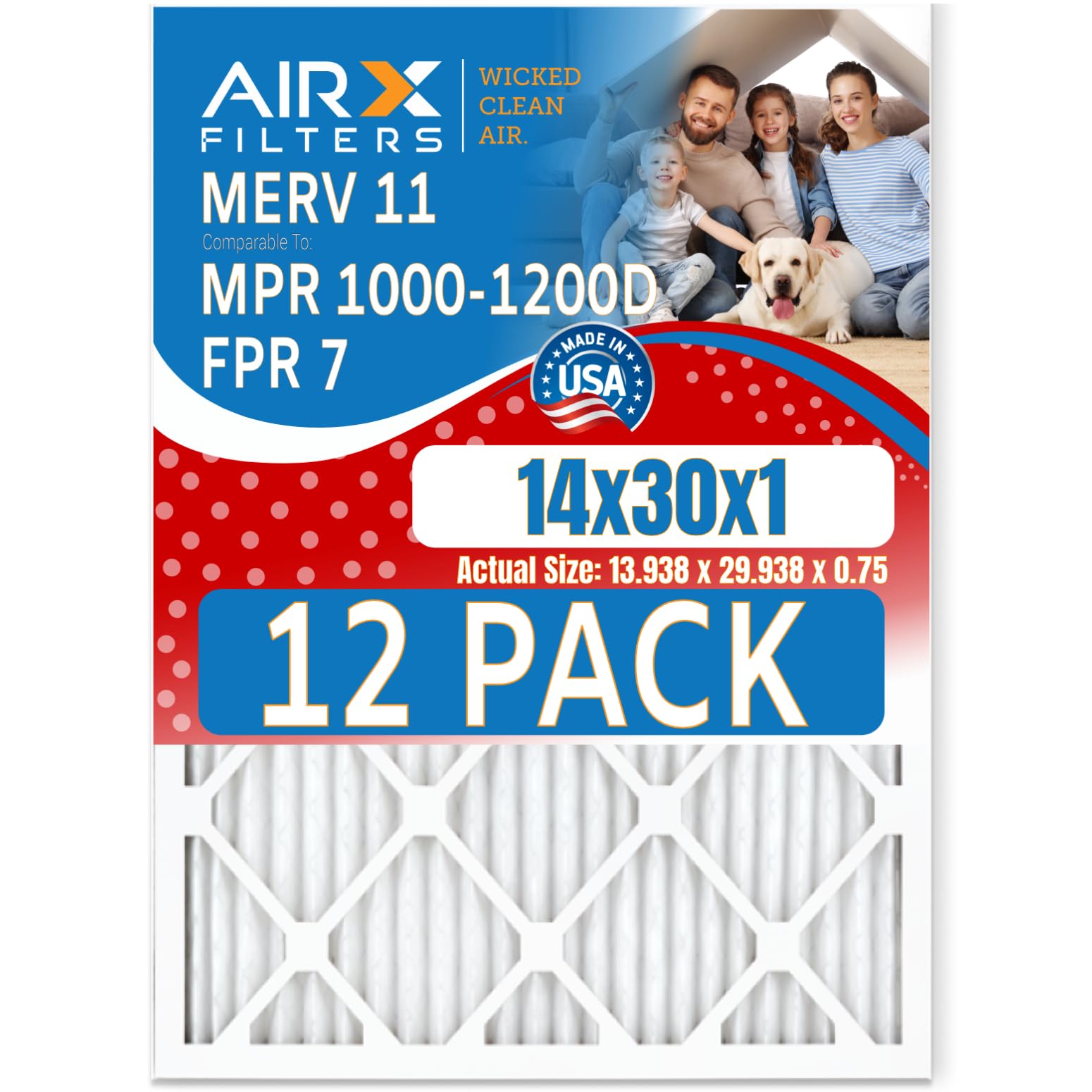 14x30x1 MERV 11 Air Filter - 12 Pack Premium Furnace Filters (Equivalent to MPR 1000, MPR 1200 & FPR 7) | Made in USA by AIRX FILTERS | Perfect for HVAC Systems, Home Air Purification & Allergy Relief