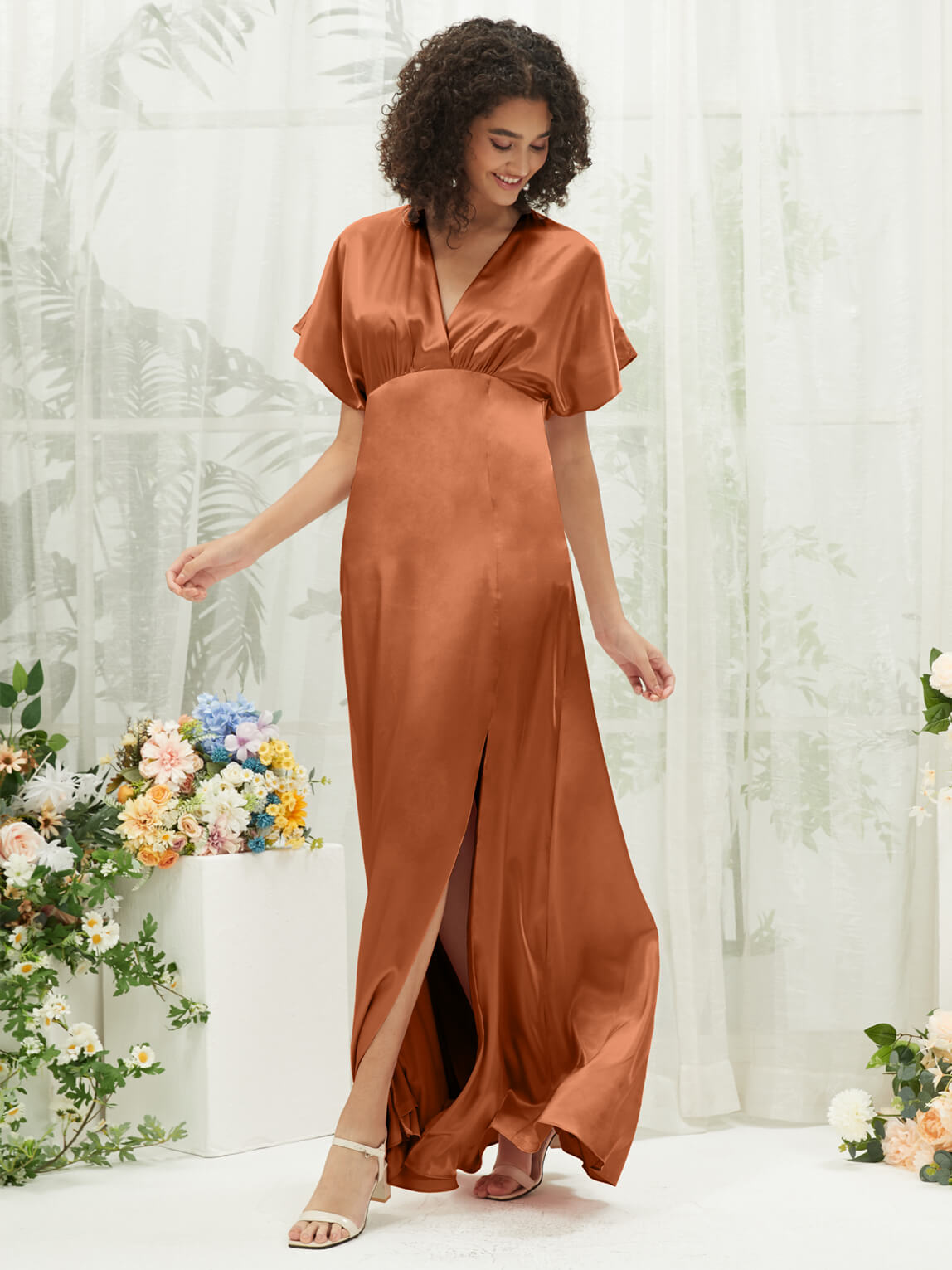 Elegant Cooper V-Neck Short Sleeve Satin Maxi Bridesmaid Dress with High Slit - Perfect for Weddings, Formal Events & Evening Parties