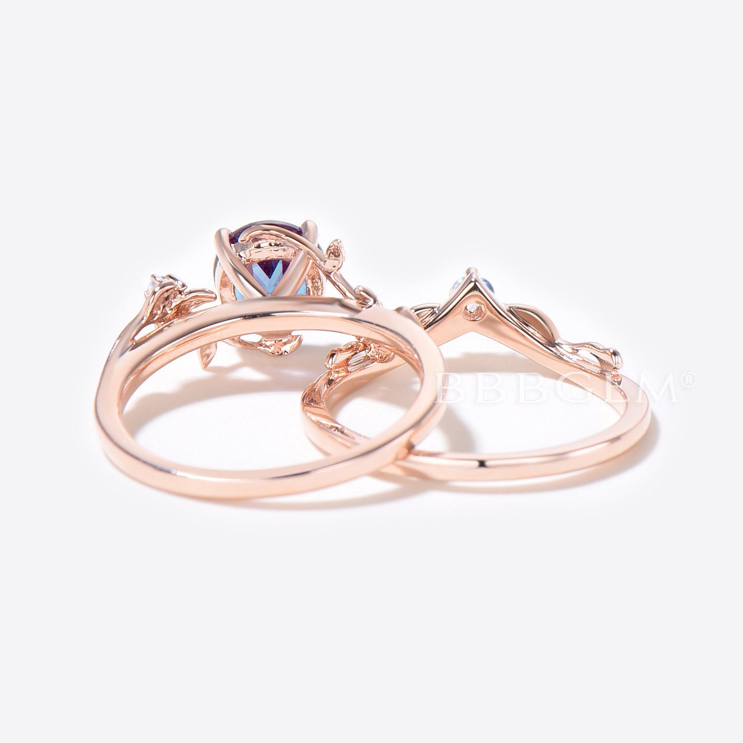 Rose Gold Leaf Round Alexandrite Engagement Ring Set - Vintage Branch Vine Moonstone Wedding Band - Perfect for Bridal Jewelry, Anniversary Gifts & Romantic Proposals