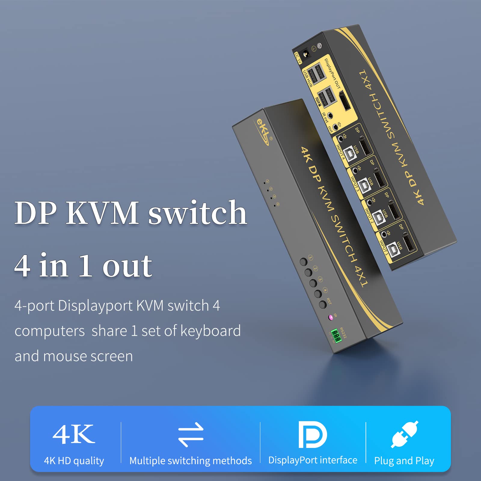 Huasion 4 Port KVM Switch DisplayPort 1.2 - 4x1 HDMI 4K@60Hz 4:4:4 with USB 2.0 Hub, Hotkey Switching for Keyboard, Mouse & Audio - Control 4 PCs for Home Office, Gaming & Multi-Tasking Setup