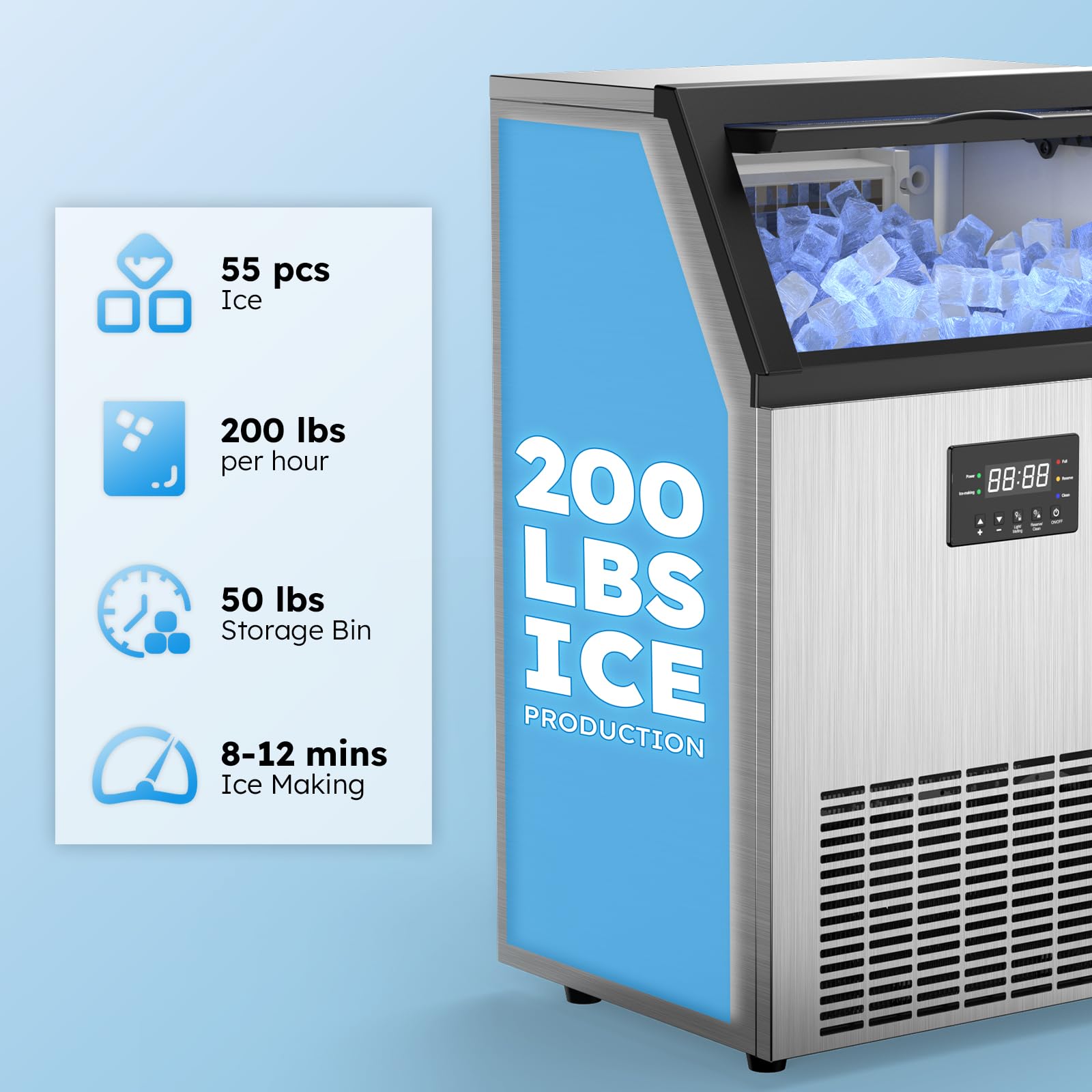 Commercial Ice Maker 200Lbs/24H with 50LBS Storage Bin - Fast 55 Ice Cubes in 8-12 Mins, Adjustable Thickness Under Counter Ice Machine for Bars, Restaurants, Coffee Shops & Home Use - Perfect for Cocktails, Beverages & Food Display