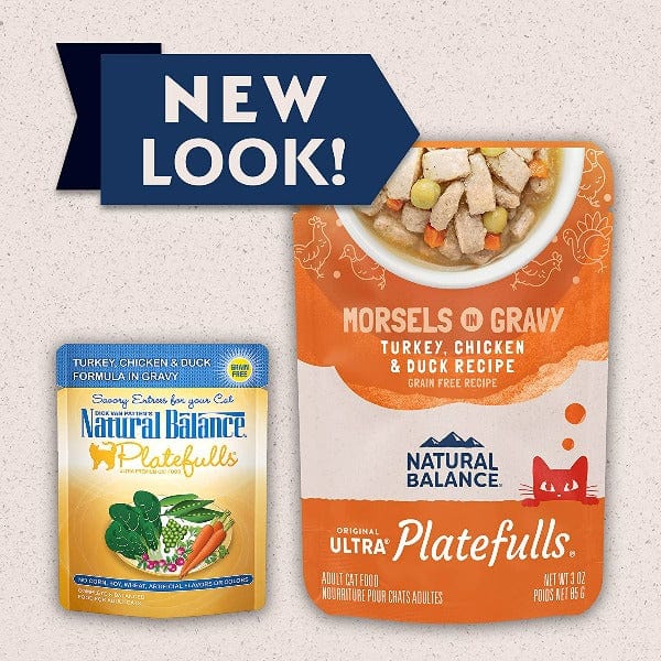 Natural Balance Platefulls Turkey, Chicken & Duck Recipe Morsels in Gravy - Grain-Free Wet Cat Food Pouches for Adult Cats - Perfect for Mealtime, Travel & Picky Eaters