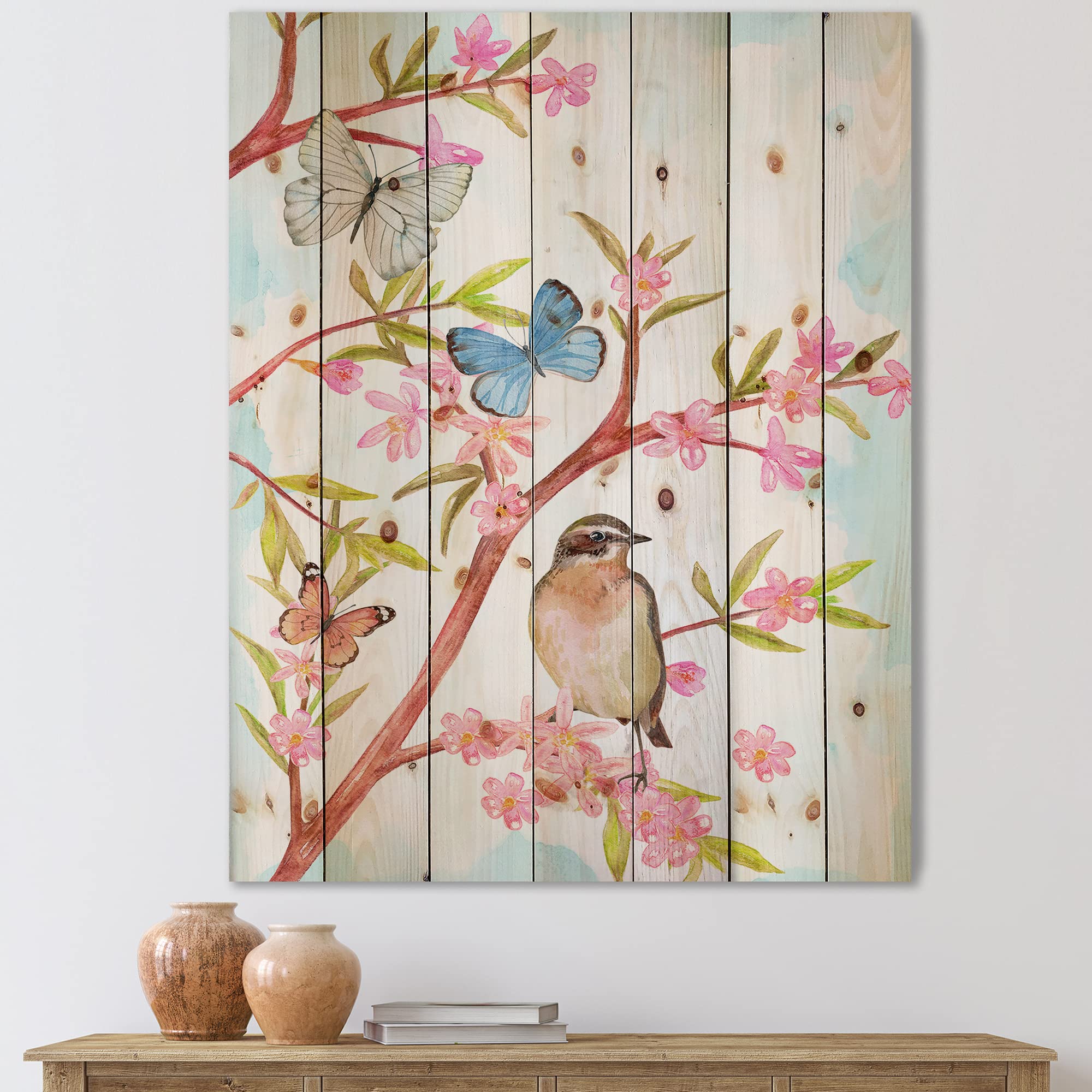 DesignQ Traditional Wood Wall Decor - Pink Clever Bird Sitting on Spring Tree Branch, Large Animal Wood Wall Art Panels Printed on Natural Pine Wood for Living Room, Bedroom & Nursery Decor