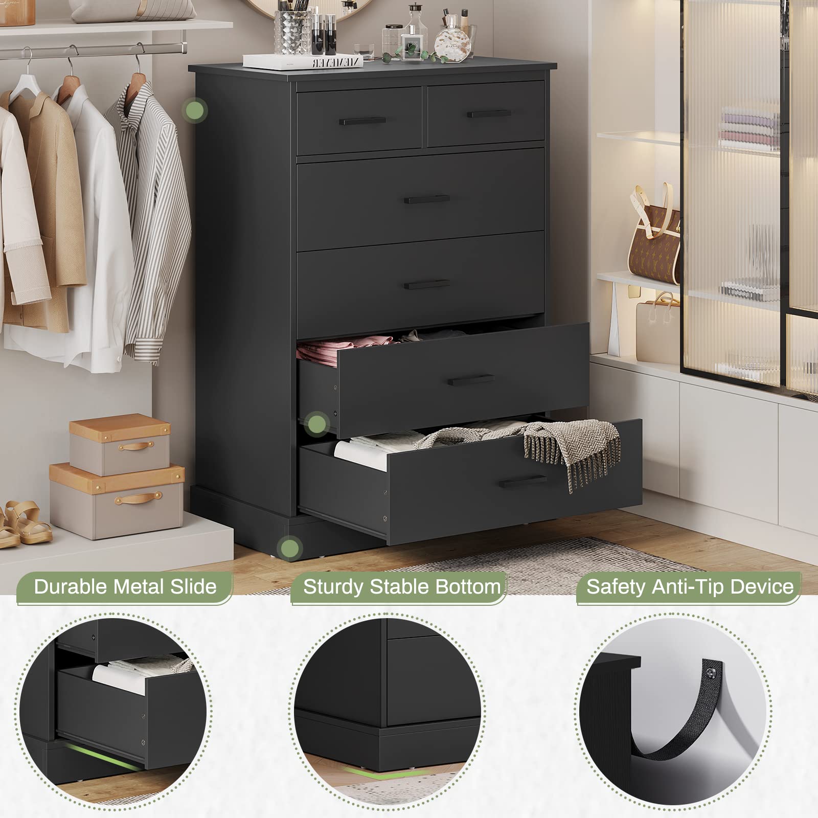 Hasuit 6-Drawer Black Wood Dresser for Bedroom - Large Capacity Storage Cabinet & Clothes Organizer - Tall Chest of Drawers for Hallway, Entryway | Perfect for Bedroom Storage, Closet Organization & Entryway Décor