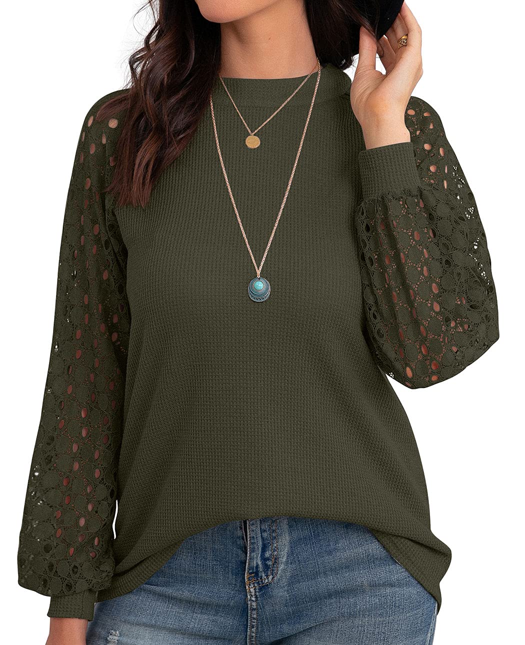 IWOLLENCE Women's Waffle Knit Blouse - Puff Long & Short Sleeve Lace Tops - Casual Loose T-Shirts for Women | Perfect for Office, Date Night & Everyday Wear