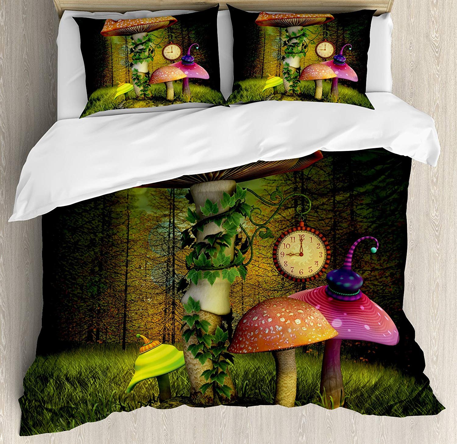 Custom Queen Size 4-Piece Fantasy Bedding Set - Duvet Cover, Flat Sheet & Pillowcases - Enchanted Forest with Mushrooms & Elves Design | Perfect for Fairy Tale Themed Bedrooms, Kids Rooms & Fantasy Decor