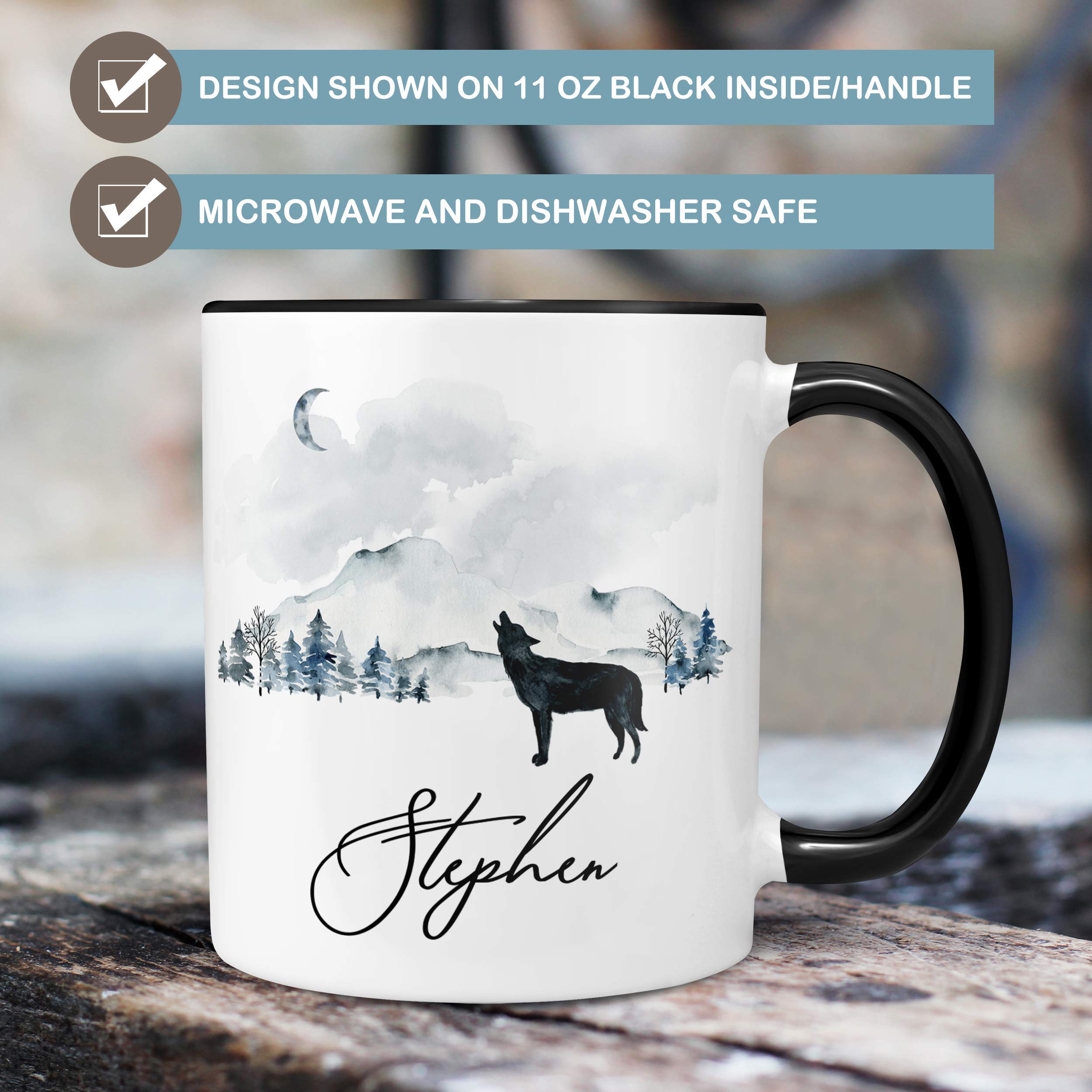 Personalized Wolf Watercolor Mountain Scene Coffee Mug - Custom Name Ceramic Cup | Microwave & Dishwasher Safe | Perfect for Office Gifts, Housewarming Presents & Coffee Lovers