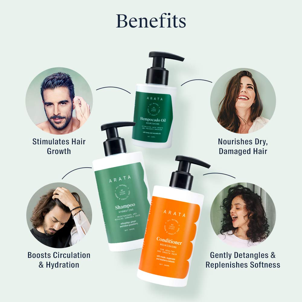 Arata Natural Daily Therapy Hair Care Set with Hempocado Oil - Hydrating Shampoo & Conditioner for Women & Men | 100ml Hempocado Oil + 300ml Shampoo & Conditioner | Plant-Based, Non-Toxic Scalp Therapy | Complete Hair Regimen for Dry, Damaged Hair | Perfect for Daily Use at Home or Salon