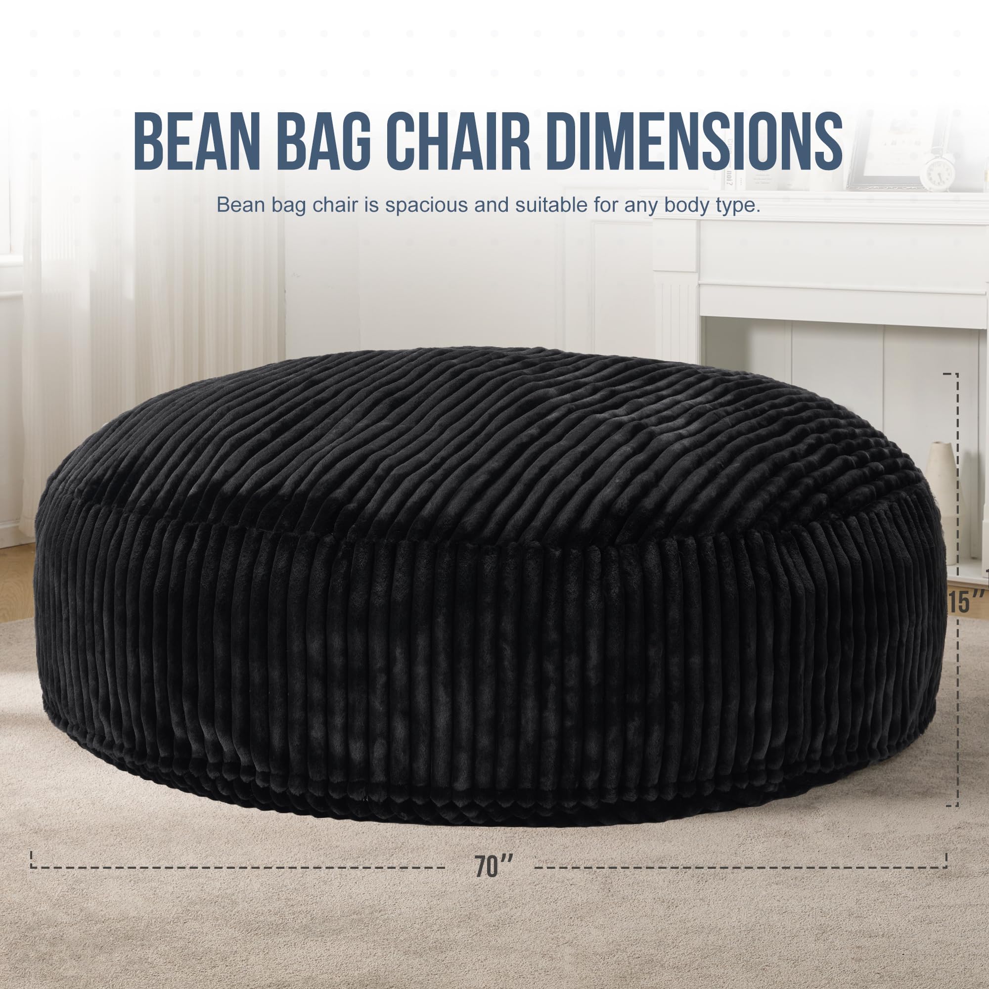 Premium 6ft Large Bean Bag Chair for Adults - Soft Plush Stripe Cover, Oversized 70