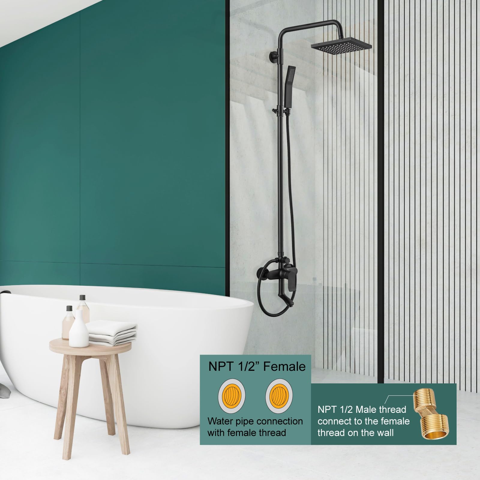 Matte Black Rain Shower System Set - 3 Function Exposed Shower Faucet with 8 Inch Swivel Rainfall Shower Head & Handheld Sprayer - Complete Bathroom Shower System with Wall Mount Tub Spout - Perfect for Modern Master Bathrooms and Spa-Like Showers