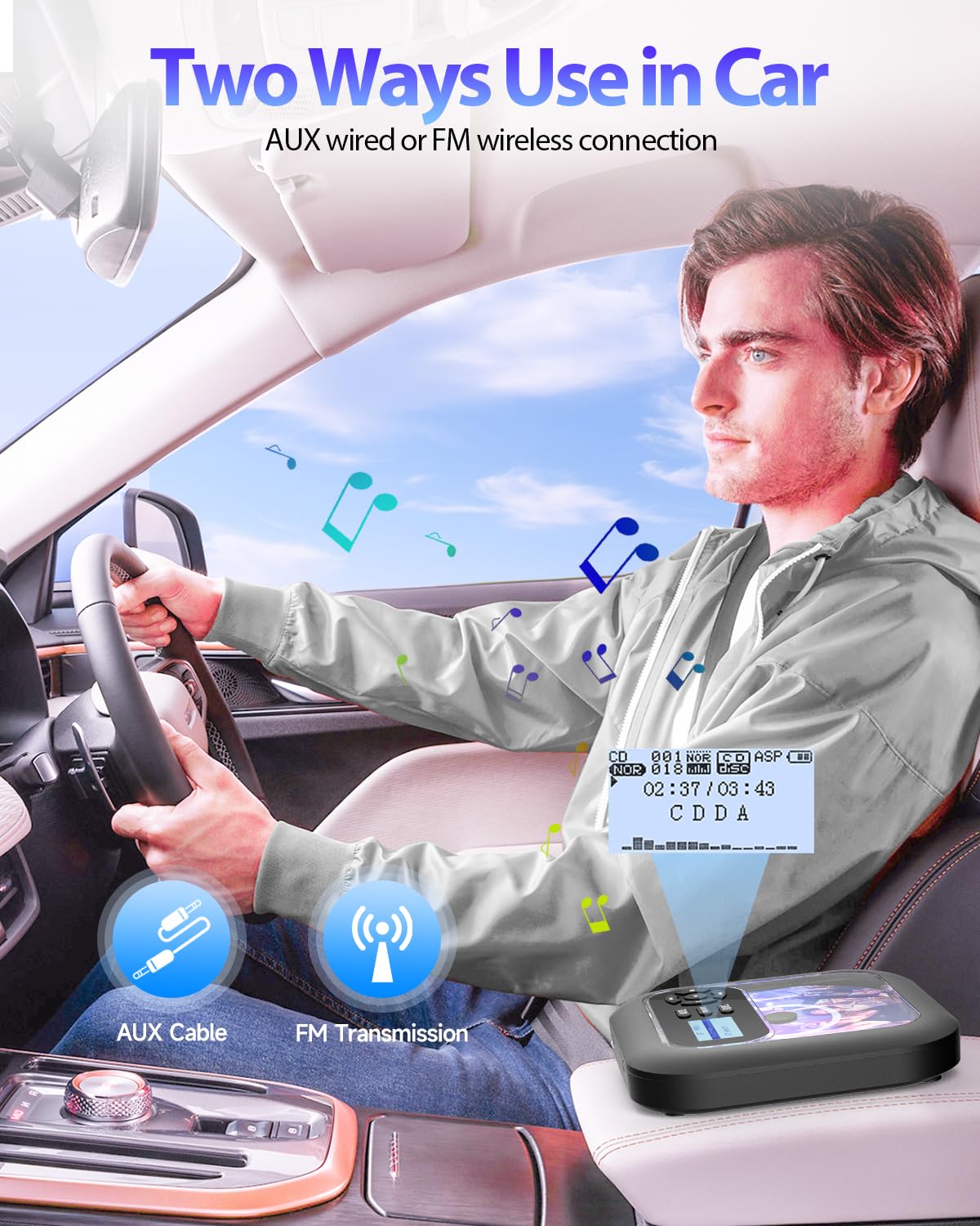 Portable Bluetooth CD Player with Built-in Speakers, Rechargeable Battery, FM Radio & AUX Input - Supports Headphones for Home, Car and Travel Use