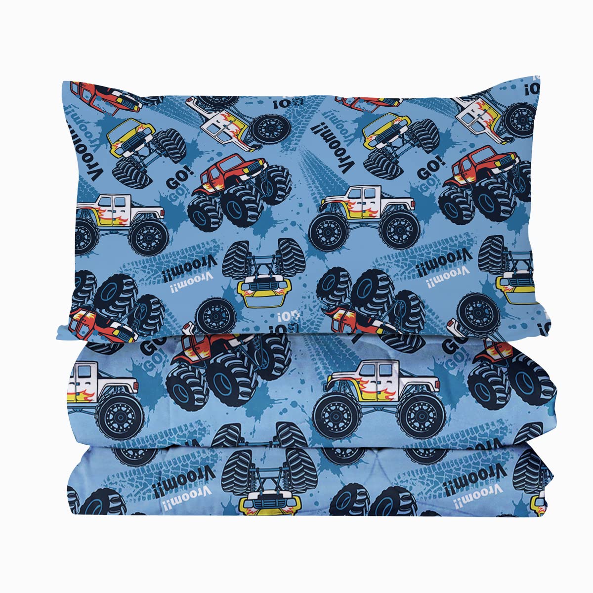 BlessLiving Boys Kids Teens Blue Monster Truck Comforter Set - Full/Queen Size Bedding with 2 Pillow Shams - Fun Car Themed Quilt for Children's Room, Dorm & Sleepovers