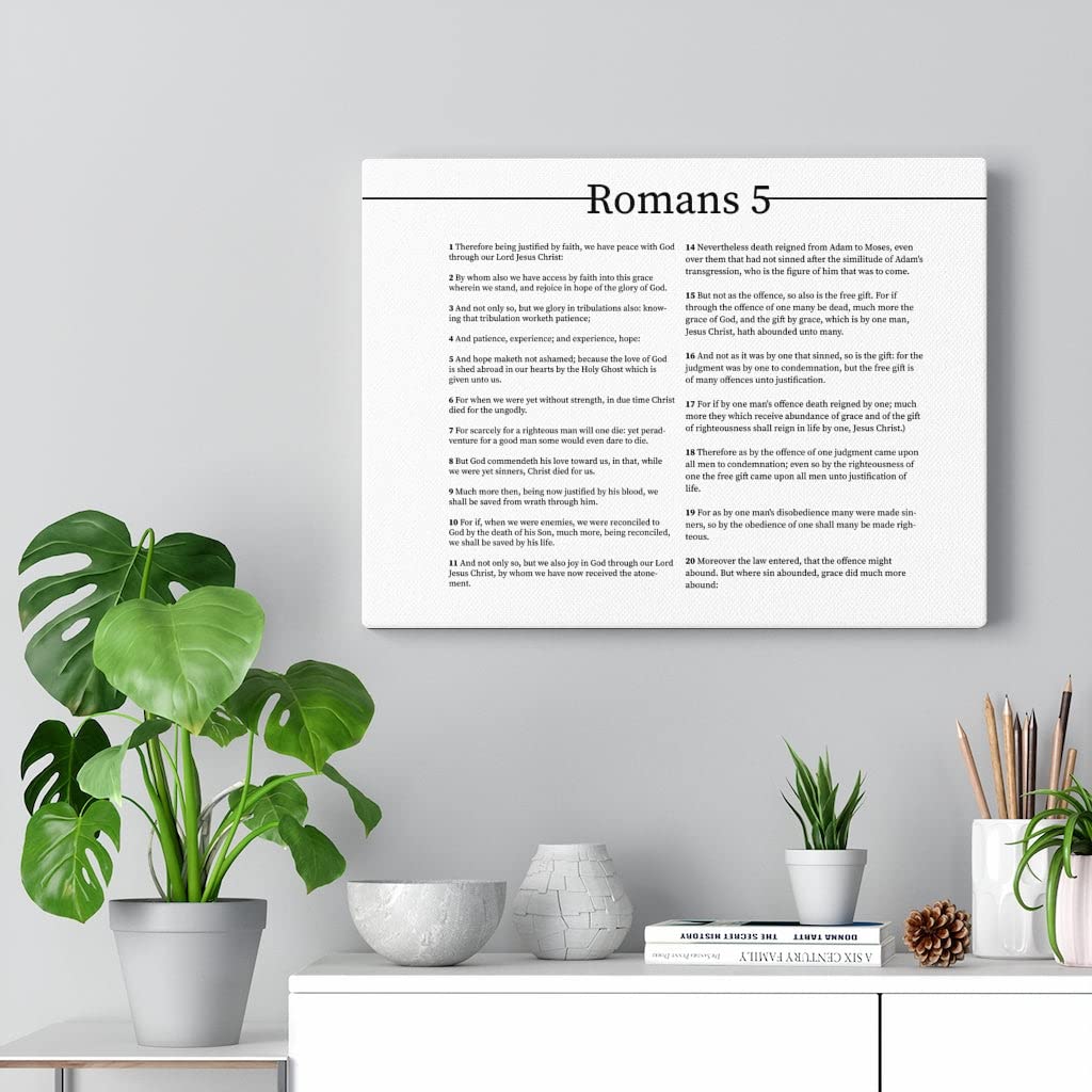 Bible Art Canvas - Romans Chapter 5 Landscape Christian Wall Decor | White Scripture Print for Home, Church & Office | Inspirational Gift for Weddings, Baptisms & Religious Occasions