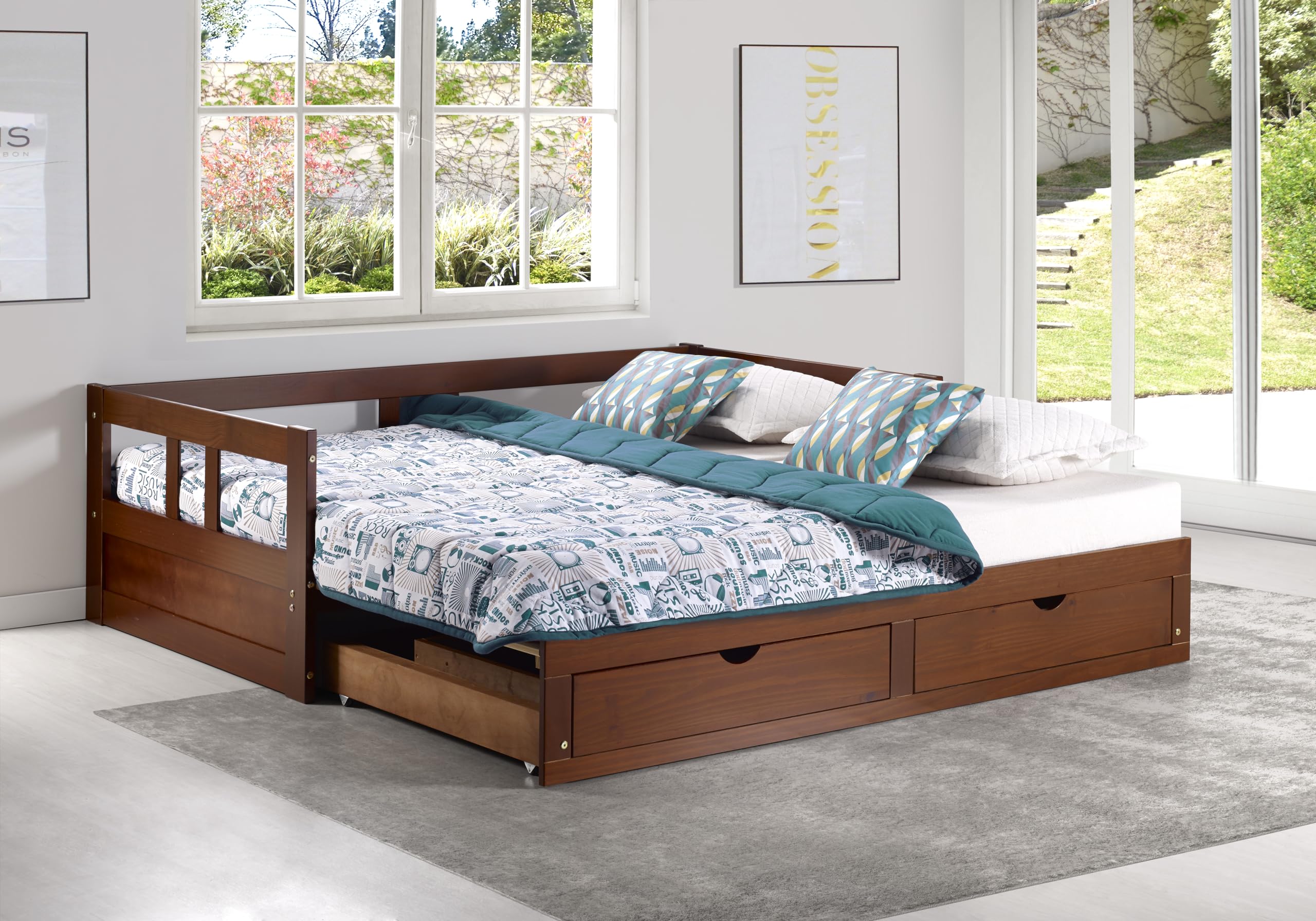 Alaterre Furniture Melody Extendable Daybed Frame with Trundle & Storage Drawers - King Size Brazilian Pine Wood Bed for Kids Bedroom - 200 lb Weight Capacity - Multiple Finish Options - Perfect for Guest Rooms, Dormitories & Small Spaces